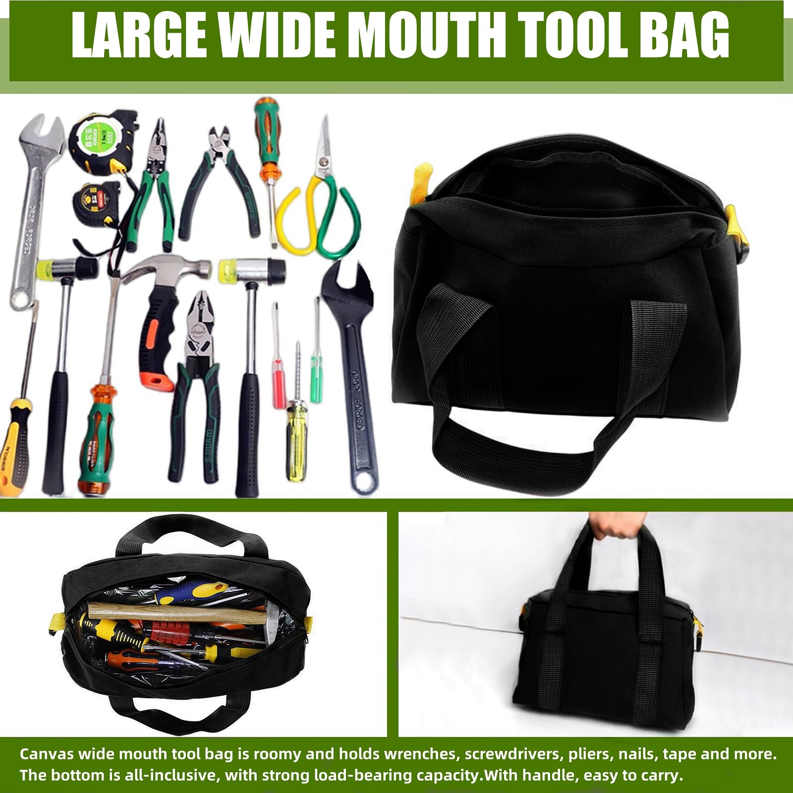 BLIRITEL 12 Inch Wide Mouth Canvas Tool Bag - Large Capacity Multi-Function Organizer Tote for Wrenches, Pliers & Hand Tools - Durable Storage Bag for Men & Women - Perfect for Construction, DIY Projects & Home Repairs (Black)