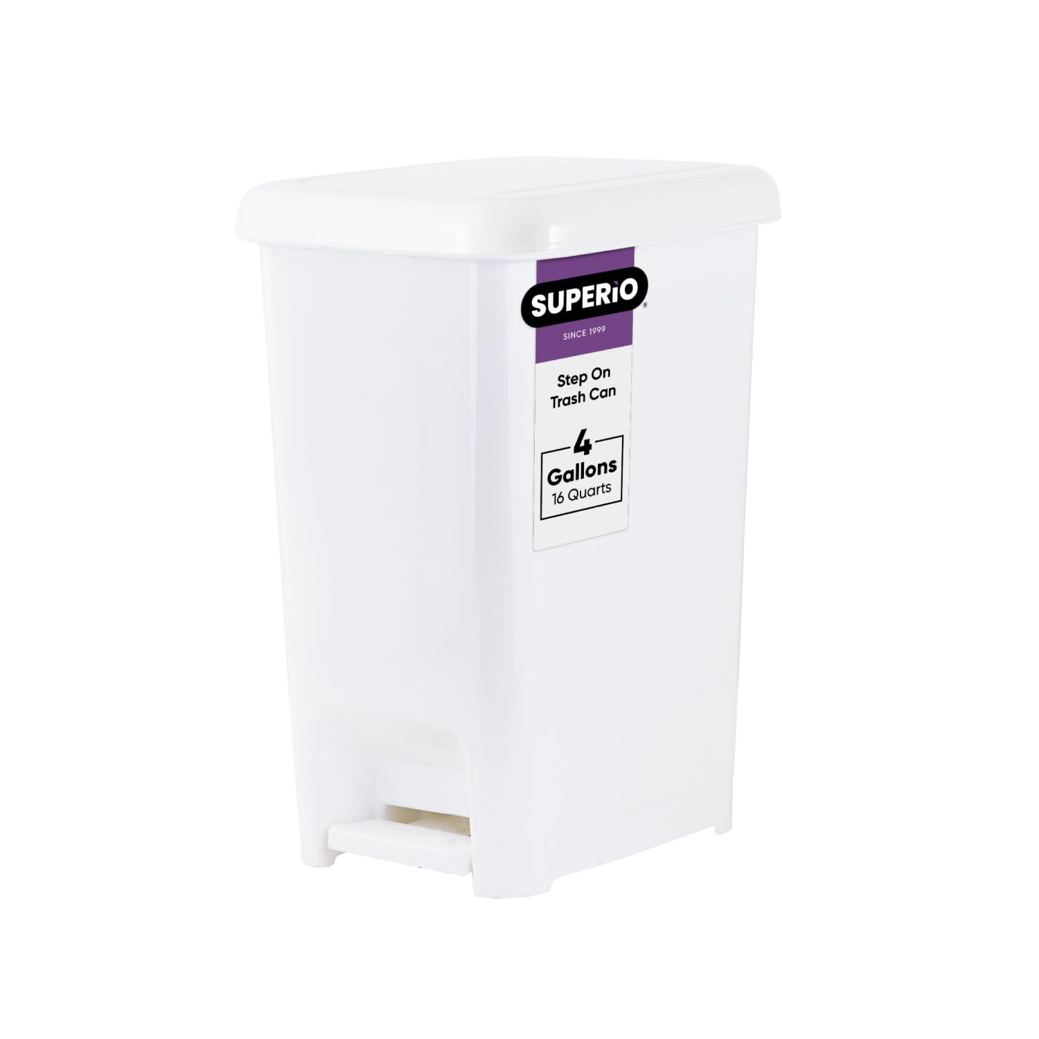 Superio 4 Gallon Slim Step-On Trash Can with Lid - Small Plastic Foot Pedal Garbage Bin for Bathroom, Kitchen, Office, Bedroom & Dorm - Perfect for Tight Spaces & Hands-Free Disposal - White