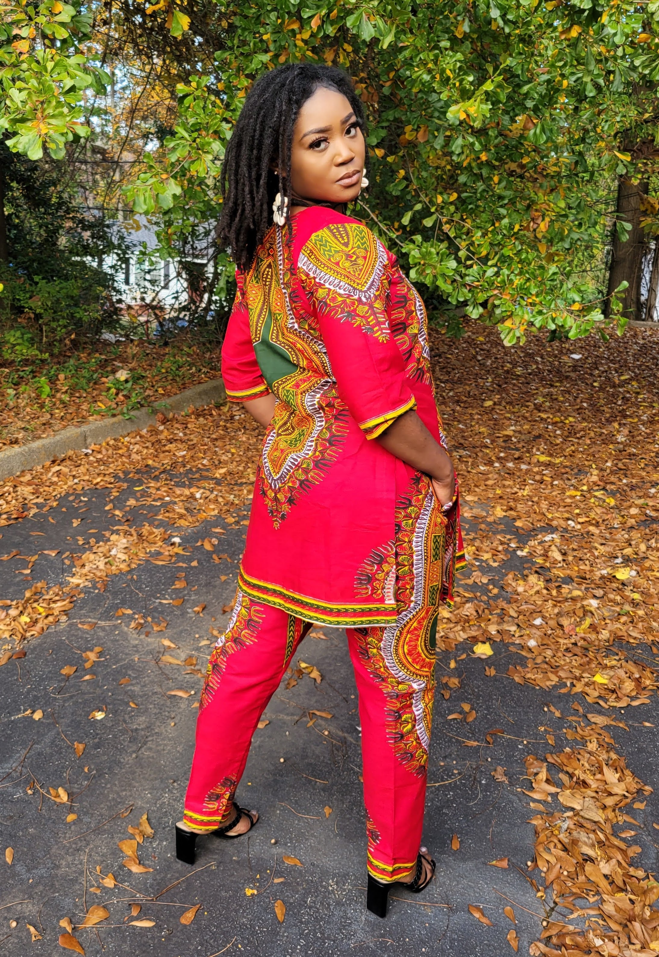 Jamilah Red Dashiki Top and Pant Set DP3975LTP - African Print Outfit for Women | Perfect for Cultural Events, Parties, and Casual Wear