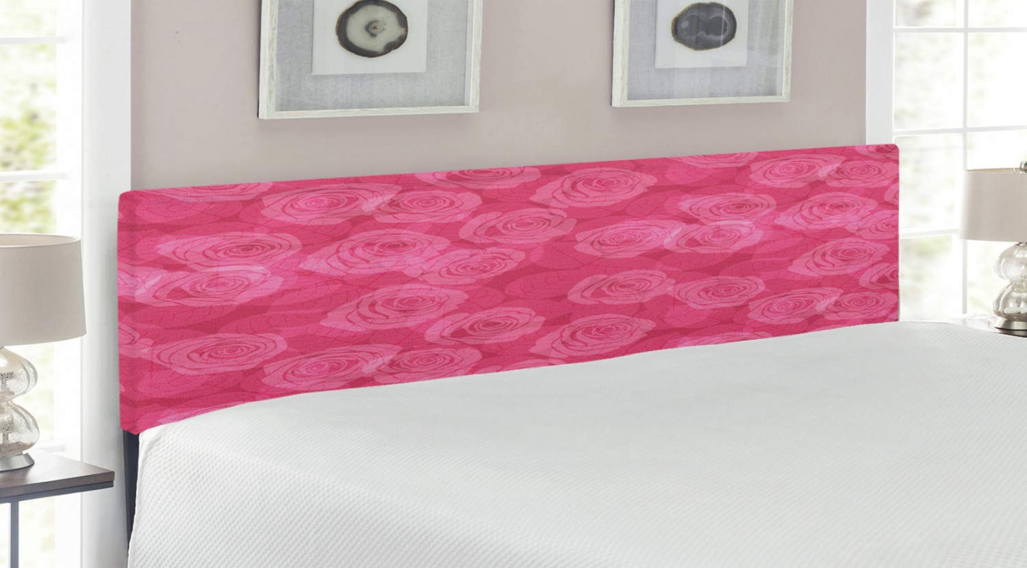 Ambesonne Pink Rose Headboard - King Size Upholstered Metal Bed Frame with Memory Foam | Romantic Floral Design for Valentine's Day & Bedroom Decor | Perfect for Master Bedrooms, Guest Rooms & Romantic Home Staging