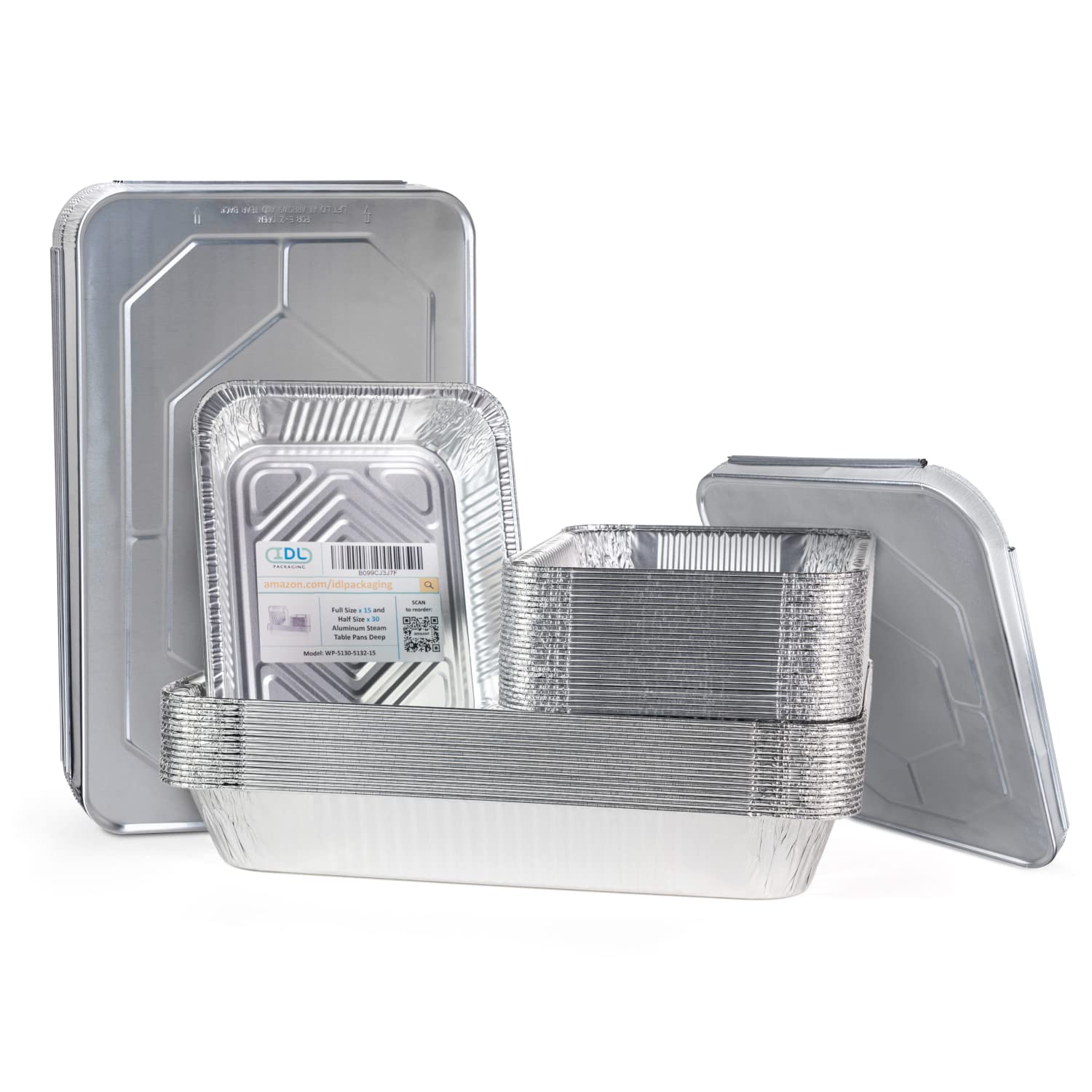 IDL Packaging Aluminum Foil Pans with Lids - 45pc Deep Chafing Dish Set (15 Full Size & 30 Half Size Steam Table Pans) - Disposable Catering Cookware for Buffets, Parties, BBQ, Restaurants & Food Service - Perfect for Meal Prep, Takeout & Large Events