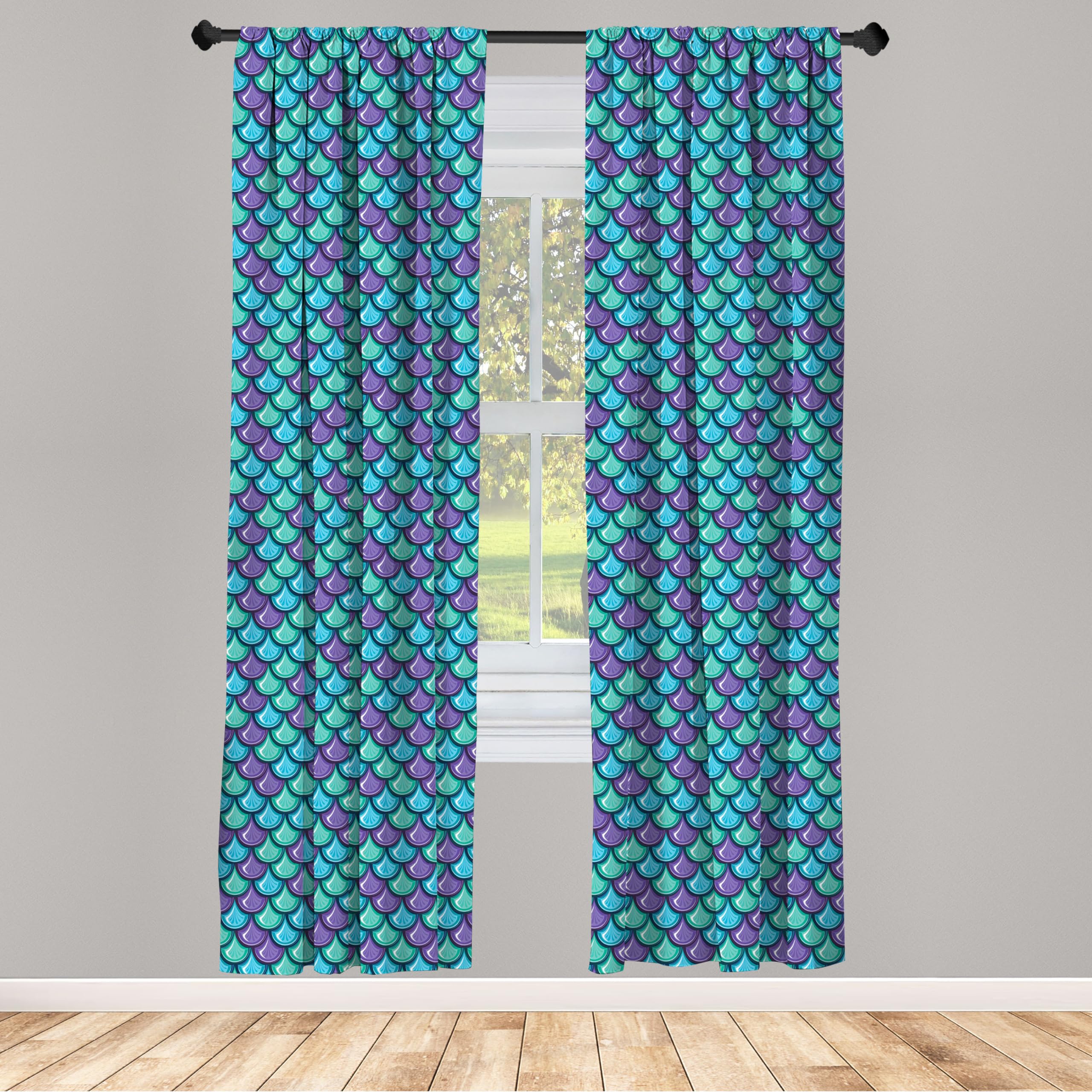 Ambesonne Blue Green Fish Curtains - Marine Animal Dragon Scale Pattern Window Treatments, 2 Panel Set (28