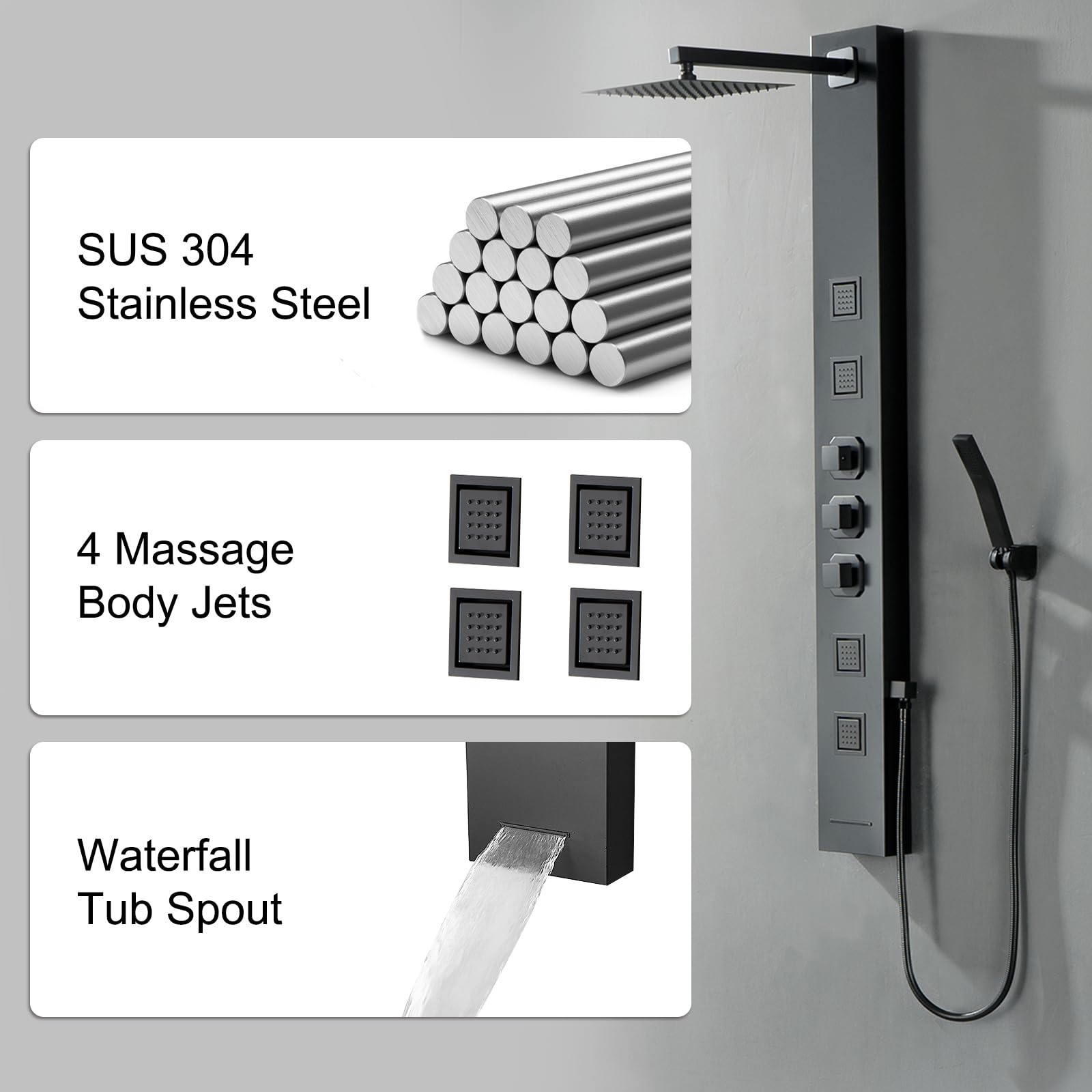 Homevacious Stainless Steel Shower Panel Tower System - Wall Mount Rainfall Shower Head with 4 Massage Jets, Handheld Shower & Tub Spout - Matte Black Bathroom Upgrade for Spa-Like Experience