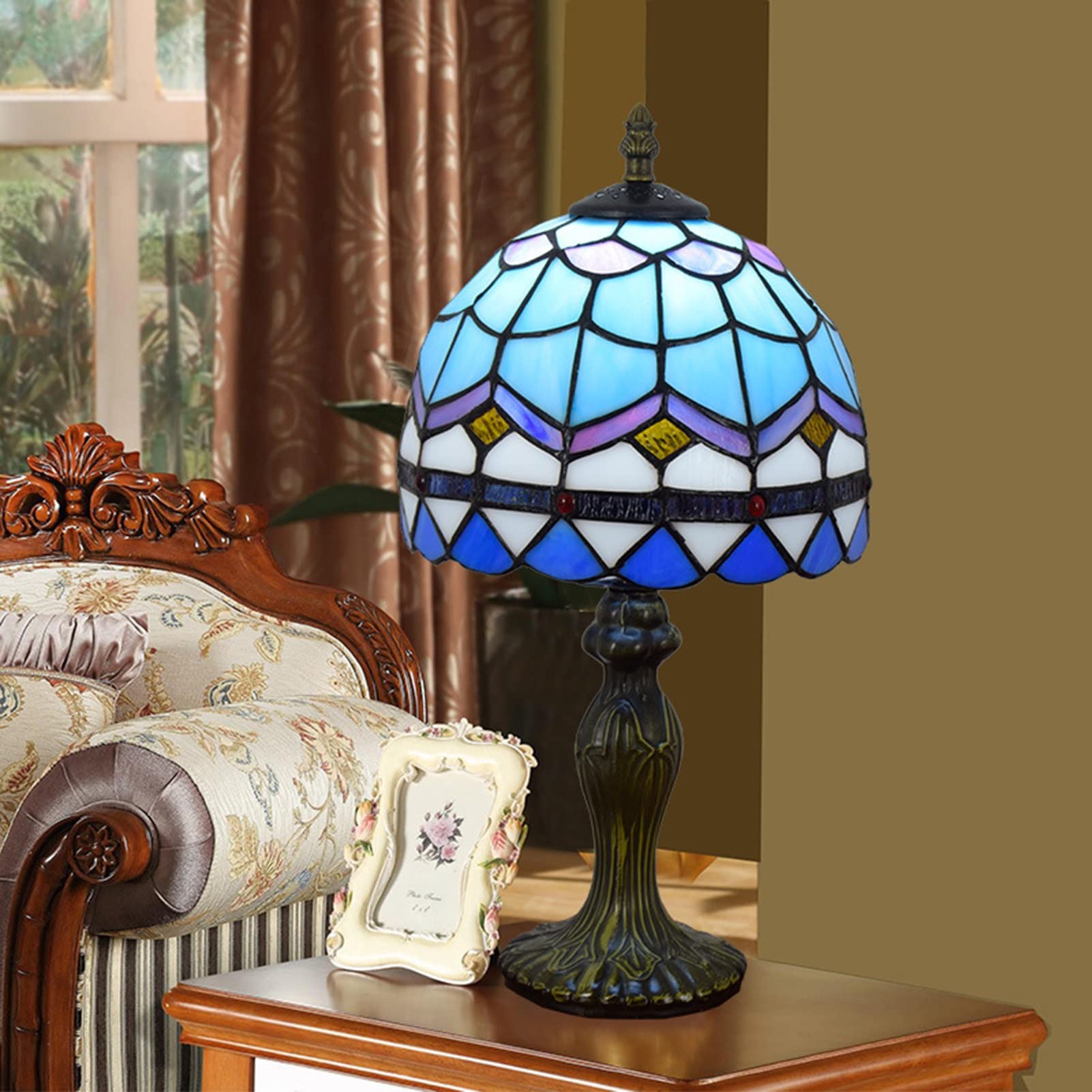 BIAJIAZHUA Tiffany Style Desk Lamp - 8 Inch Mediterranean Stained Glass Bedside Table Night Light, Vintage Nursery Lamp with Eye Protection (Blue) - Perfect for Bedroom, Living Room & Office Decor