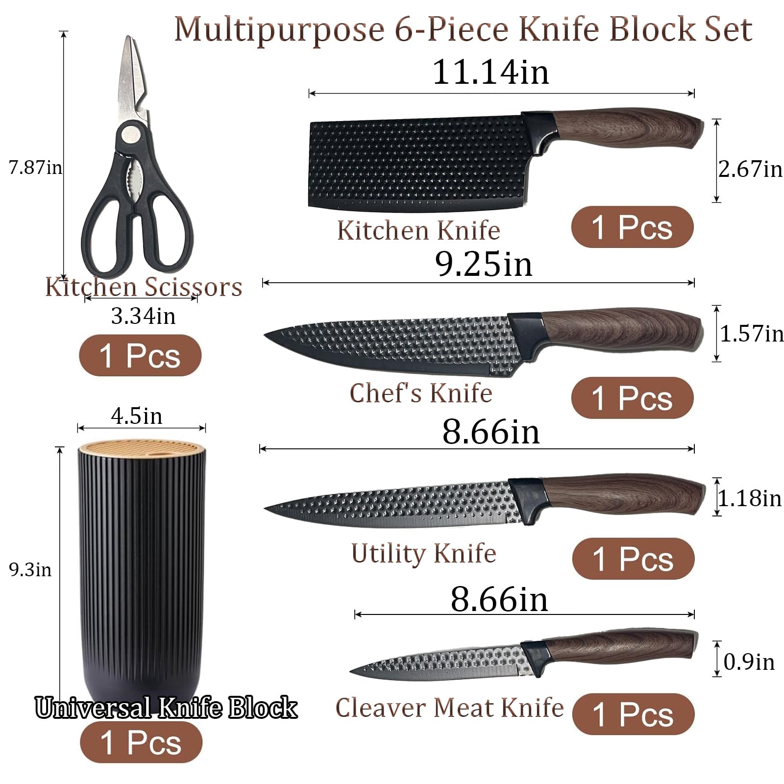 Premium 6-Piece Kitchen Knife Set with Wooden Block - Professional Chef Knives for Slicing, Dicing & Chopping - Perfect for Home Cooking, Restaurant Use & Gift Giving (Black)