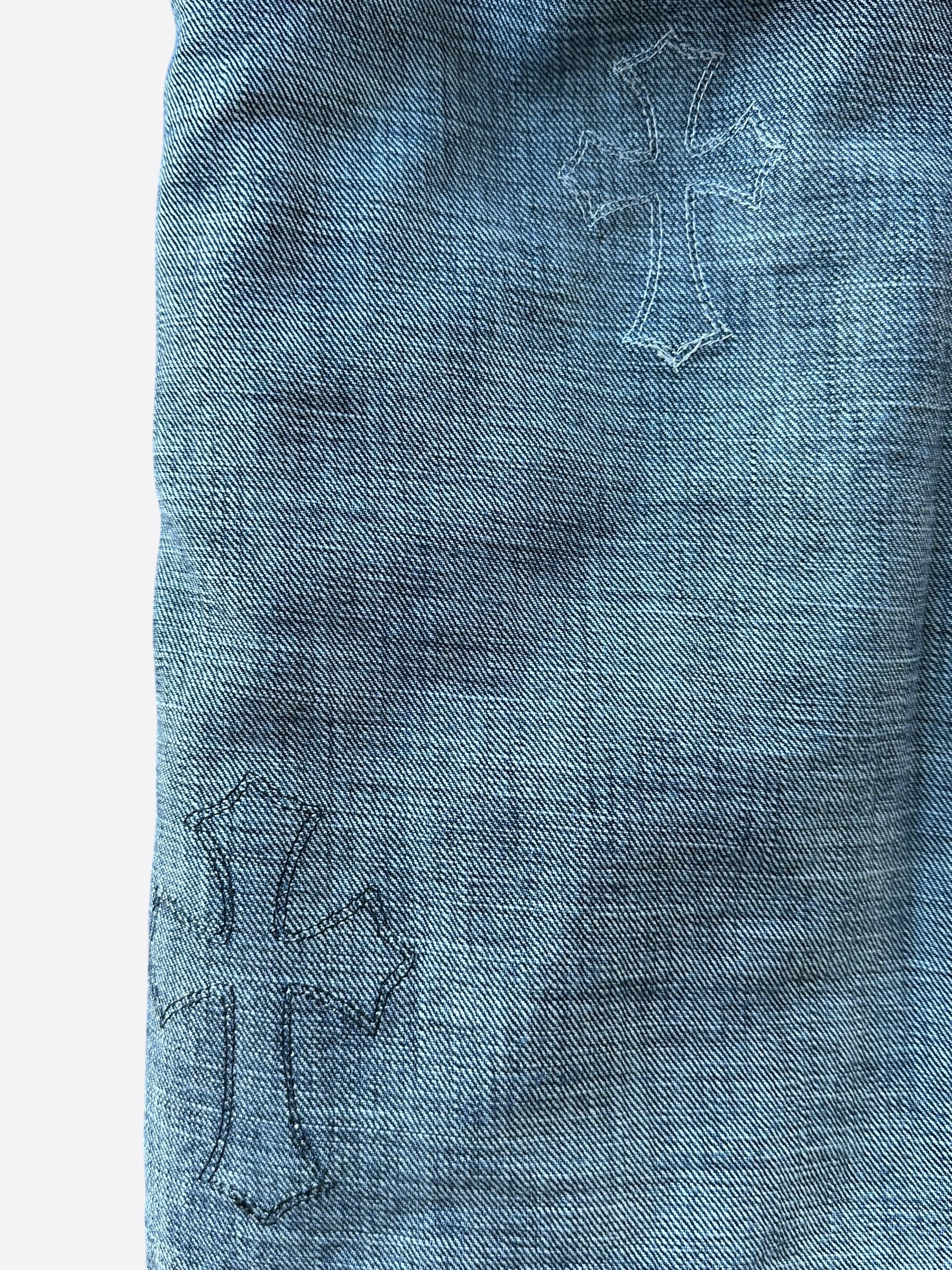 Chrome Hearts Blue Multicolor Cross Patch Jeans for Men & Women - Stylish Distressed Denim Pants with Embroidered Cross Design - Perfect for Casual Wear, Street Style & Fashion Outfits