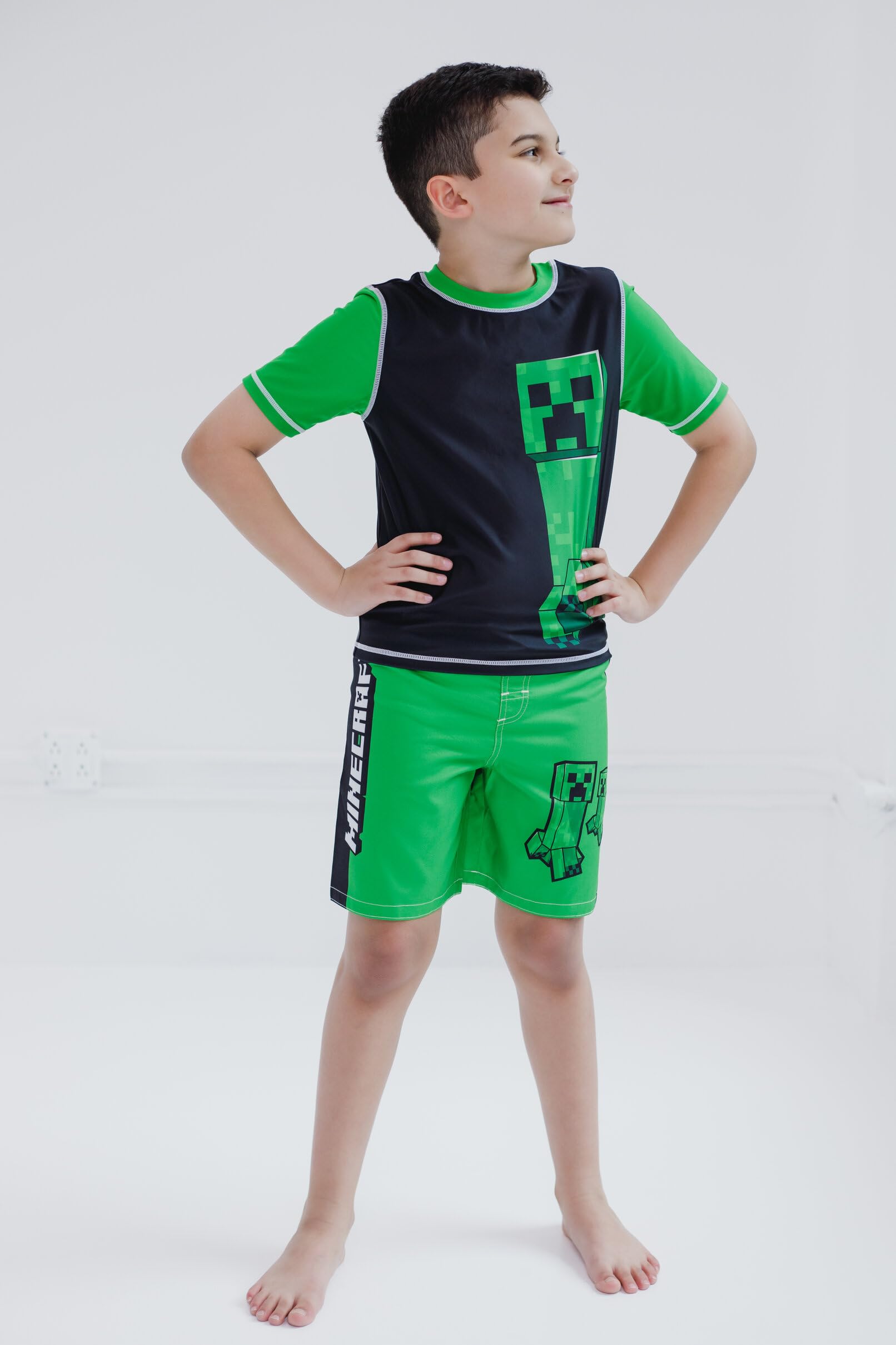 Minecraft Zombie Creeper Alex Steve Rash Guard & Swim Trunks Set for Kids - UV Protection Swimwear for Boys & Girls at Pool, Beach & Summer Activities
