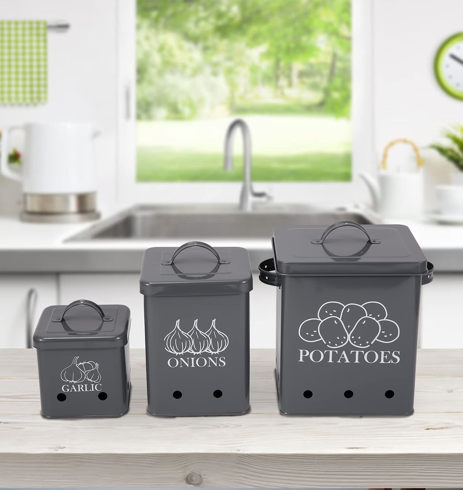 3-Pack Airtight Potato Onion Storage Containers with Ventilation Holes - Kitchen Pantry Organizer for Garlic, Vegetables & Dry Food Storage - Durable Gray Canisters for Freshness & Long Shelf Life - Perfect for Meal Prep & Pantry Organization