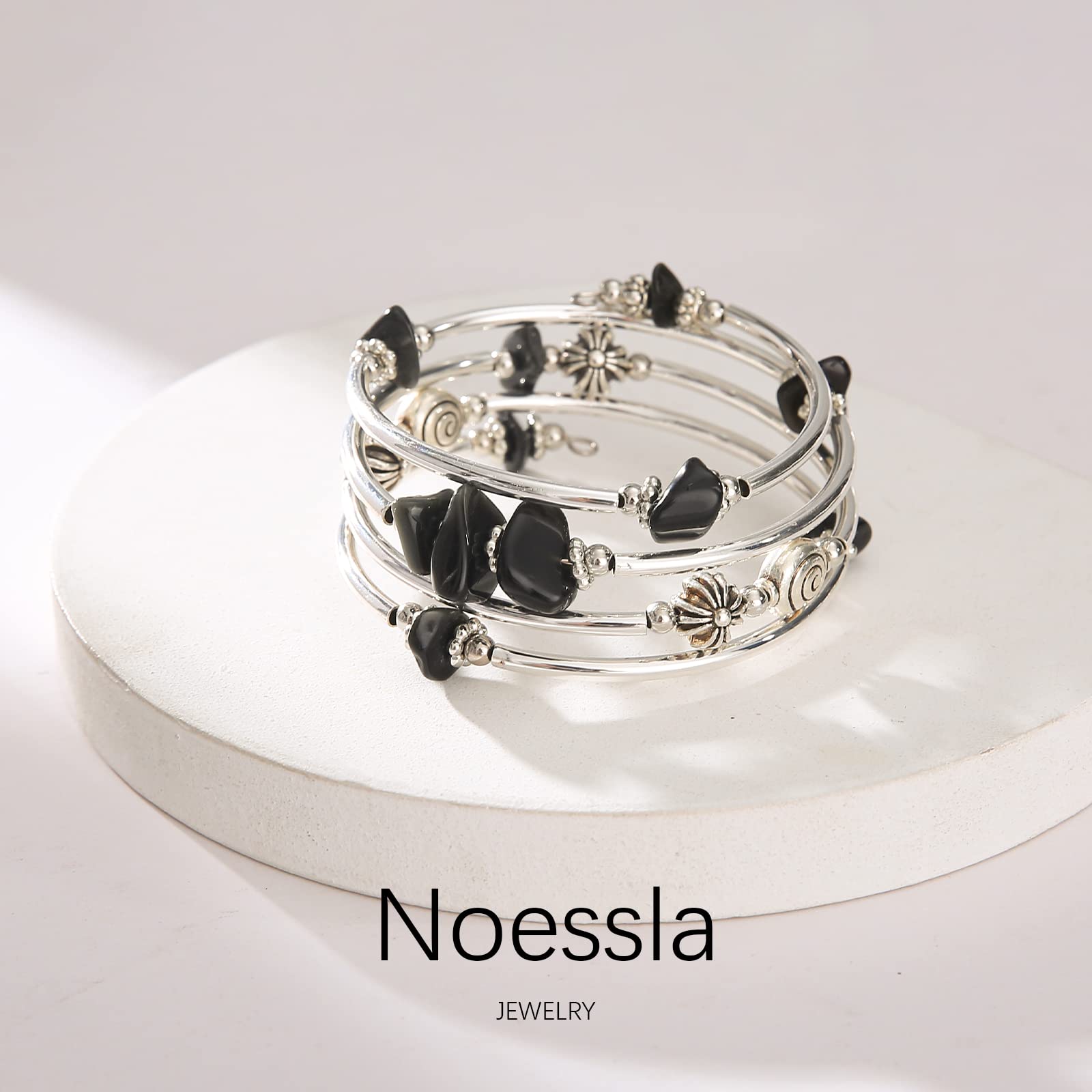 Noessla Beaded Bangle Bracelets for Women - Thick Silver Wrap Bracelet with Stone Beads, Fashion Jewelry for Birthday Gifts | Perfect for Parties, Weddings & Everyday Wear