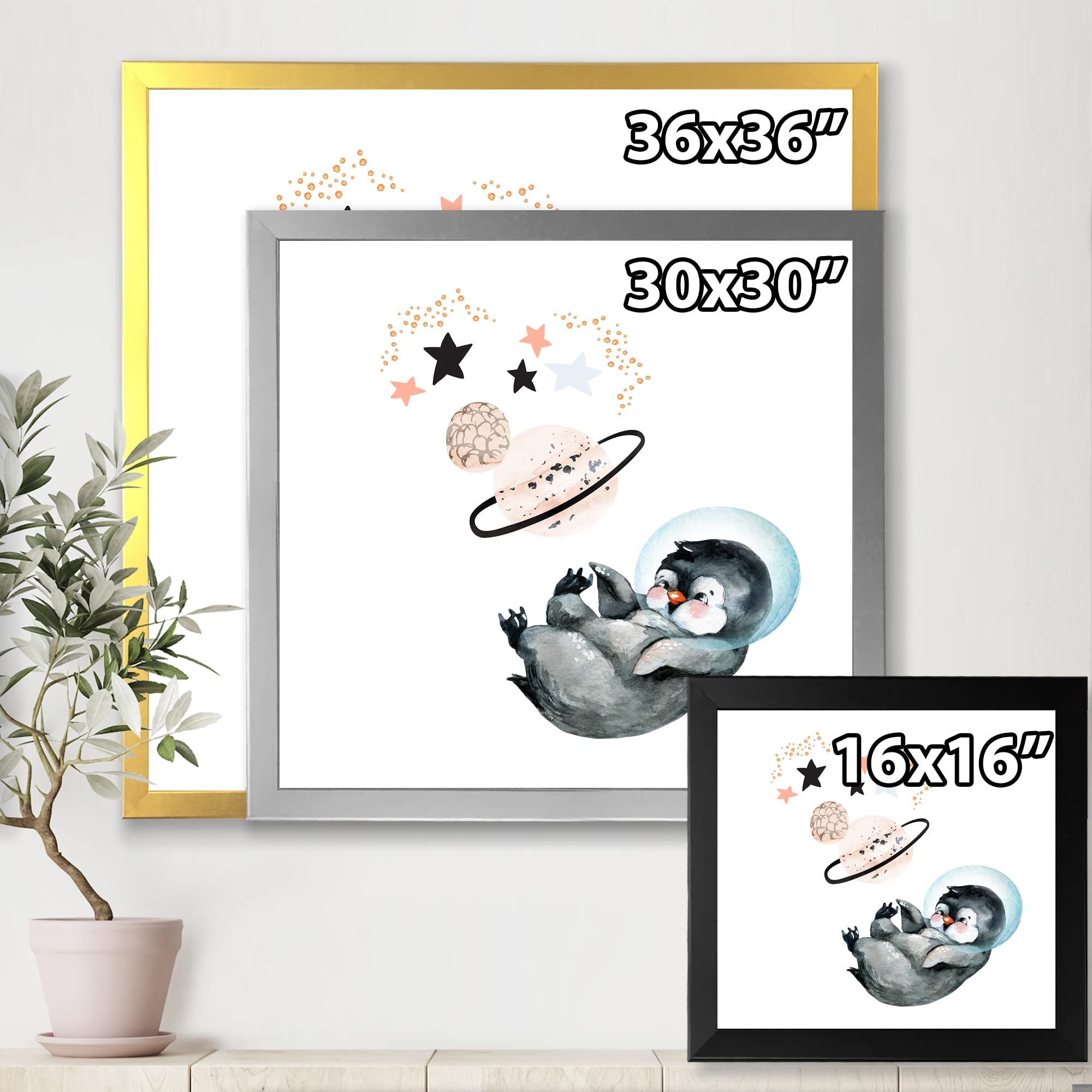 DesignQ Little Penguin with Stars and Planets - Farmhouse Framed Wall Art Decor for Nursery, Kids Room & Living Room