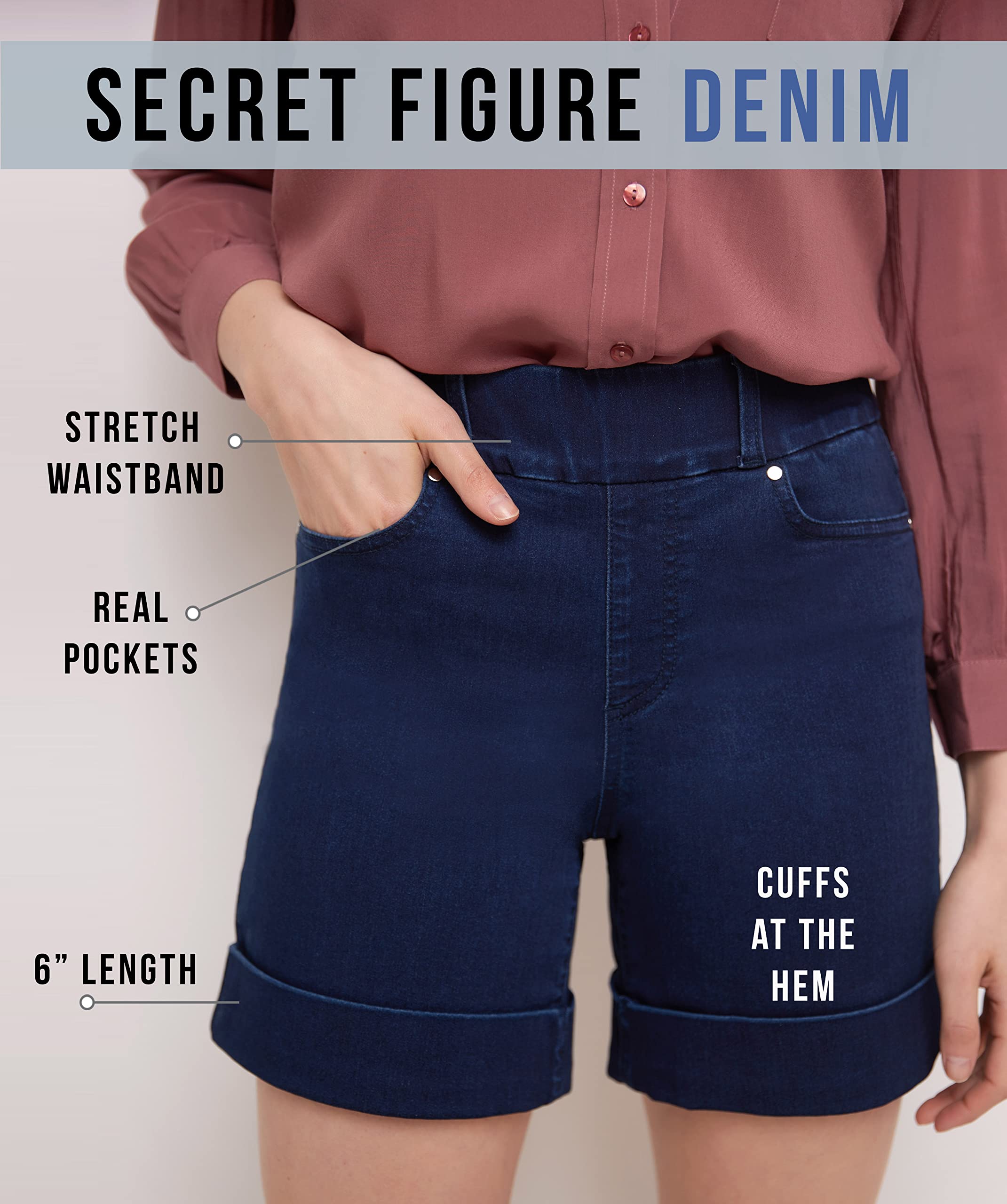 Rekucci Women's 6 Inch Pull-On Denim Shorts with Secret Figure Fit & Cuffed Hem - Stylish Casual Summer Shorts for Beach, Shopping & Everyday Wear