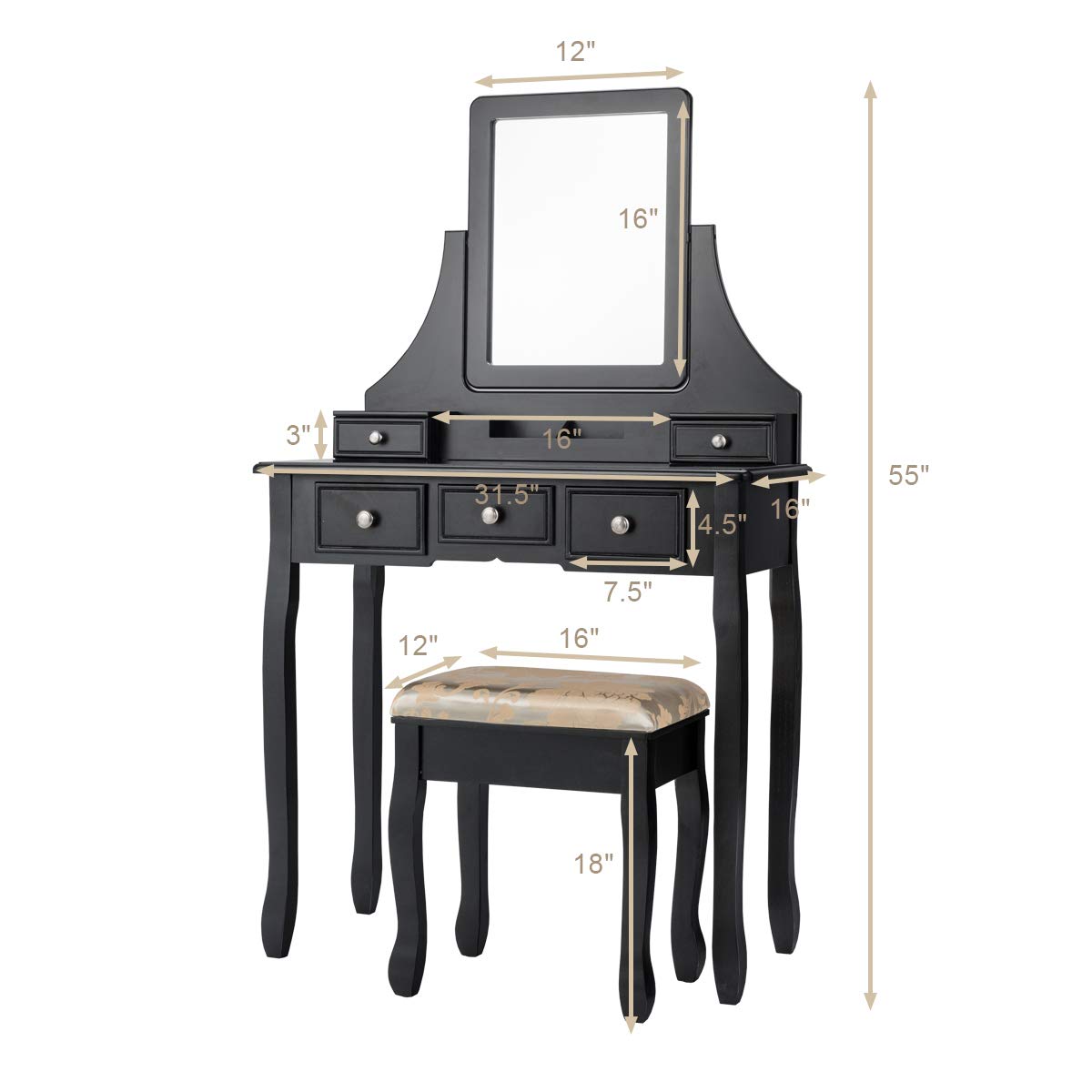 Charmaid Vanity Makeup Table Set with Mirror & Cushioned Stool - 5-Drawer Dressing Table with Removable Storage Organizers - Elegant Black Makeup Vanity for Women & Girls - Perfect for Bedroom, Dorm Room & Beauty Salon