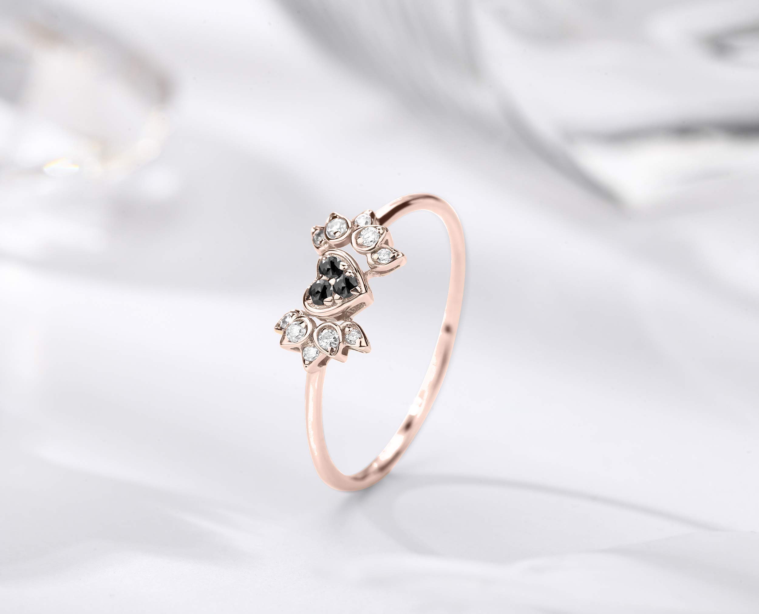 14K Rose Gold Black Diamond Heart Engagement Ring - Angel Wing Design Wedding Band, Handmade Birthstone Promise Ring for Women | Proposal, Anniversary, Valentine's Day Gift | Perfect for Romantic Moments, Weddings, Anniversaries & Special Occasions | Elegant Jewelry for Date Nights, Proposals & Bridal Accessories