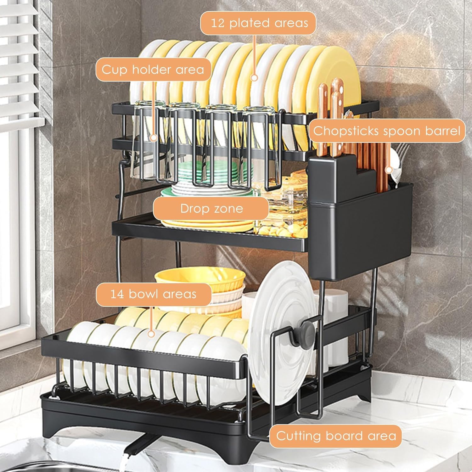 Prakal 3-Tier Carbon Steel Dish Drying Rack - Space Saving Kitchen Organizer for Plates, Bowls & Utensils | Heavy Duty Cutlery Storage | Countertop Solution for Small Kitchens & Apartments (358 Dish Rack) | Perfect for Dish Drying, Kitchen Organization & Space Optimization