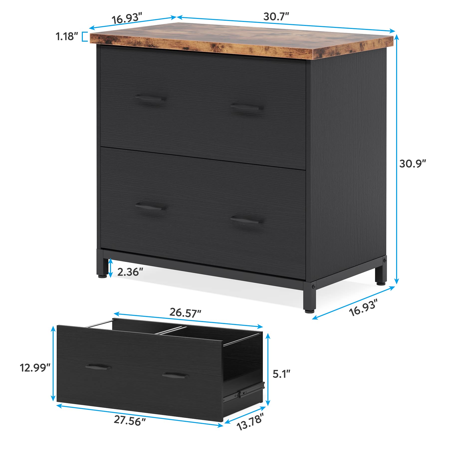 Tribesigns 2-Drawer Wood Lateral File Cabinet - Rustic Brown & Black Home Office Storage for A4 & Letter Size Documents | Perfect for Office Organization & Home Workspace