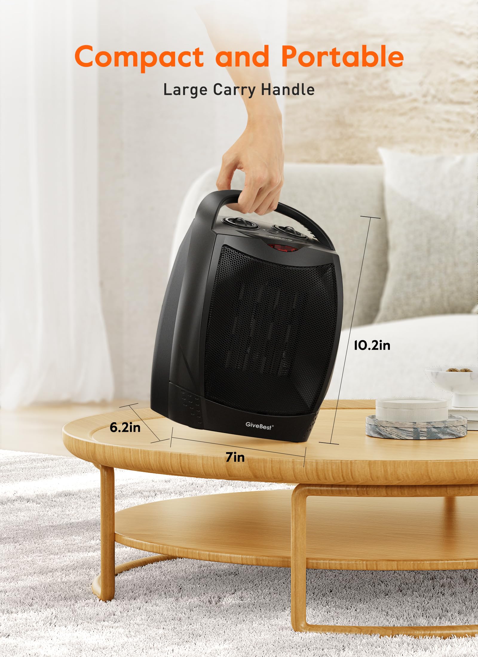 GiveBest 1500W/750W Portable Ceramic Space Heater with Adjustable Thermostat - Fast Heating for 200 Sq Ft Rooms, Quiet & Safe for Office, Desk, Bedroom - Perfect for Winter Home & Indoor Use