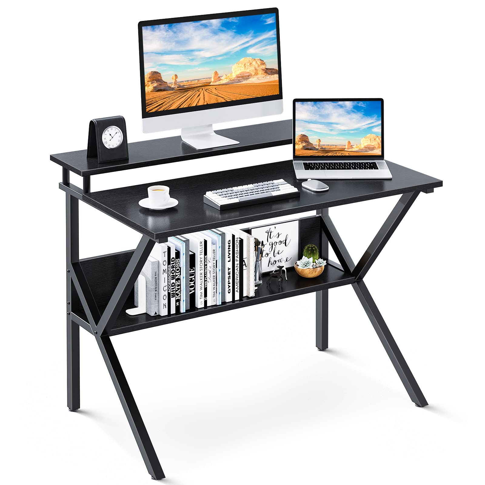 ODK Small Computer Desk 27.5 Inch - Compact Home Office Desk with Storage & Monitor Stand - Space Saving Study Desk for Small Spaces - Perfect for Apartments, Dorms & Tiny Home Offices (Black)