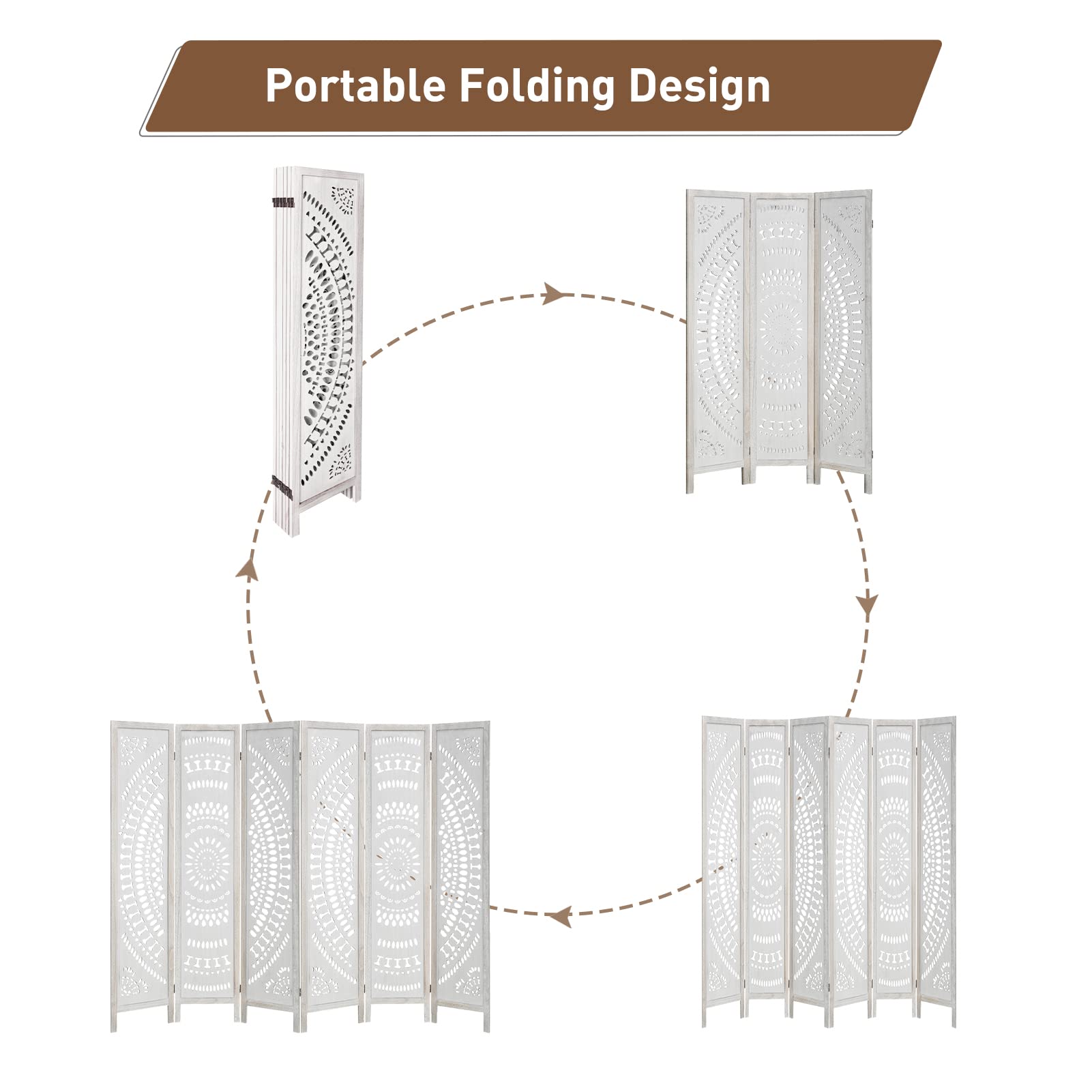 Babion 6 Panel Wooden Room Divider - 5.6 Ft Tall Folding Privacy Screen with Carved Design, White Home Office Partition for Bedroom, Living Room & Workspace (No Assembly Required, Double Hinged)
