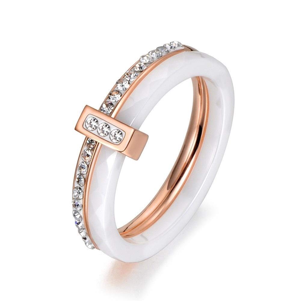 Rose Gold & White Stainless Steel Rhinestone Engagement Ring - 2 Layer Ceramic Crystal Wedding Band for Women, Size 9 - Perfect for Proposals, Anniversaries & Bridal Jewelry