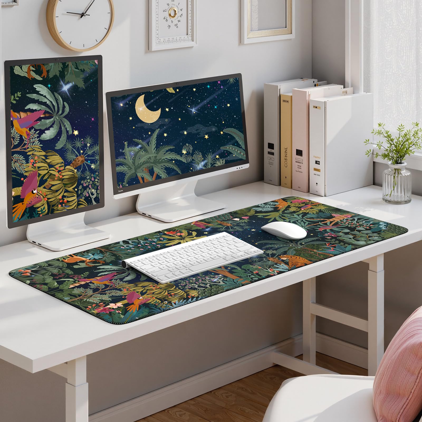 iCasso Midnight Jungle XXL Mouse Pad - Non-Slip Desk Mat with Stitched Edges for Computer, Keyboard & Gaming - Perfect for Office, Home & Gaming Setup (Night Jungle Design)