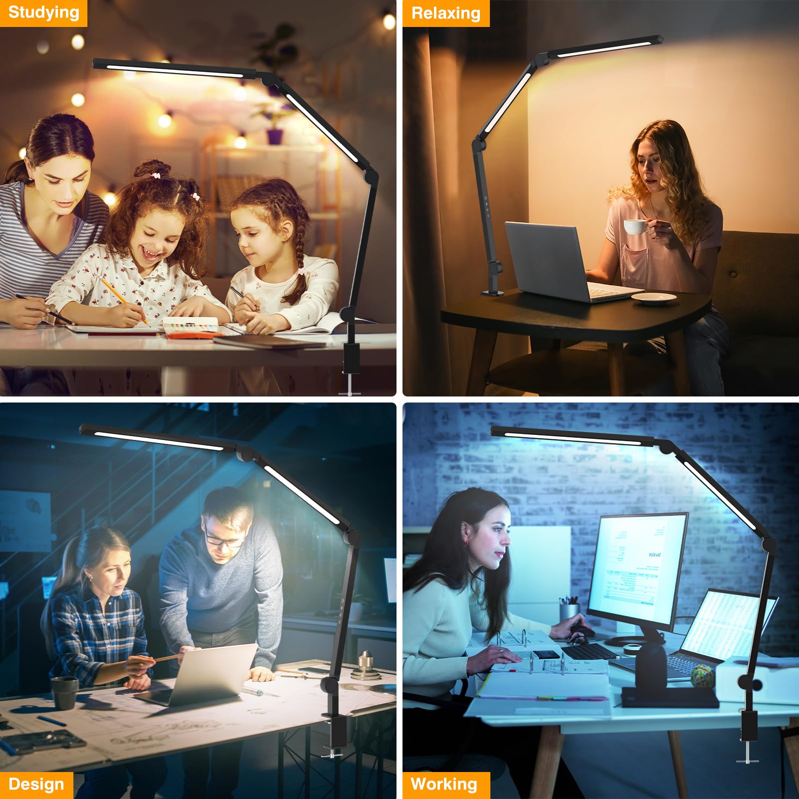 Adjustable LED Desk Lamp with Clamp - Dimmable Eye-Caring Swing Arm Task Light for Home Office, Study & Work | Modern Tall Table Lamp for Nail Techs, Architects & Students | Perfect for Reading, Crafting & Computer Work
