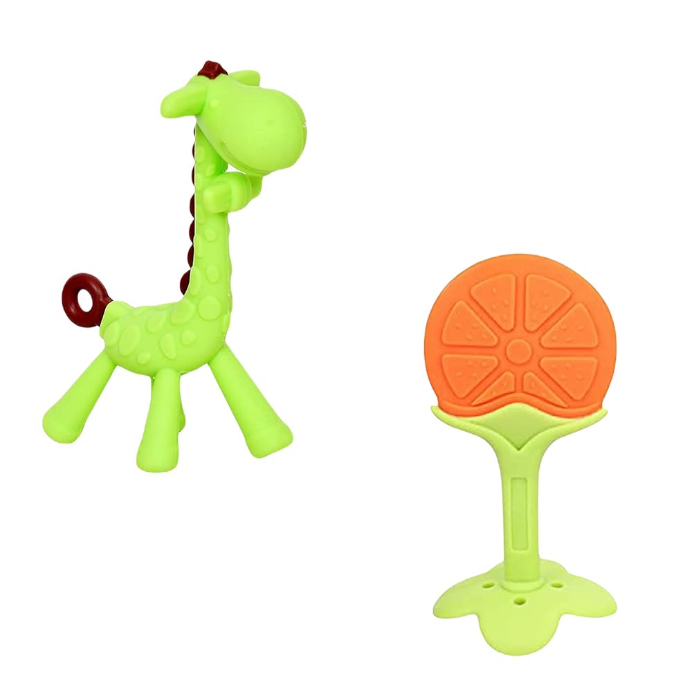 Kritiu Giraffe Shape Teether & Teether Combo - BPA-Free Silicone Baby Teething Toys for 0-12 Months | Safe Gum Massagers for Soothing Sore Gums | Perfect for Home, Travel & Daycare Use (Green & Yellow)