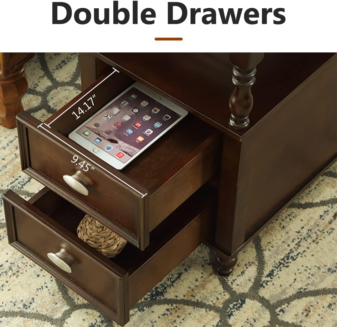 23.6 Inch Solid Wood End Table with Double Drawers - Modern Nightstand & Bedside Table for Bedroom, Living Room, Office - Perfect for Storage & Home Decor