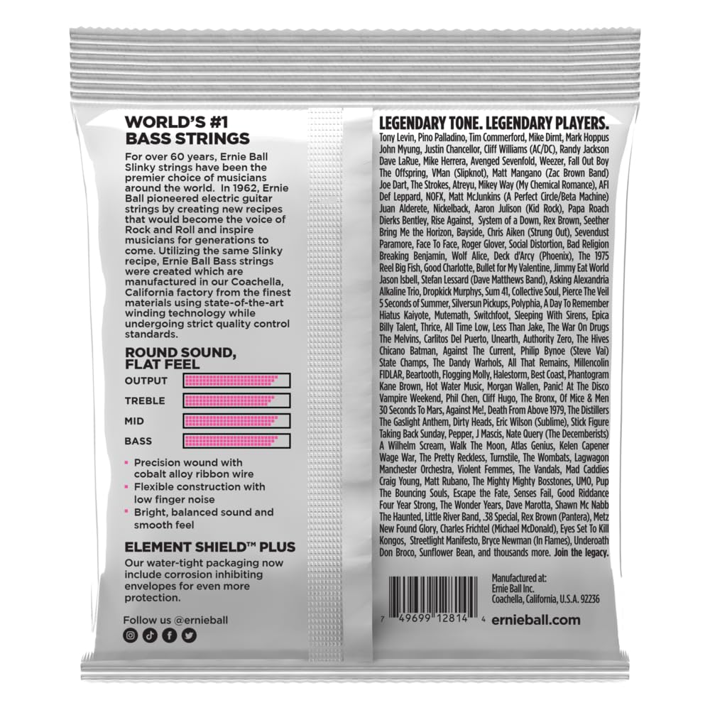 Ernie Ball Super Slinky Flatwound Bass Guitar Strings 45-100 Gauge (P02814) - Perfect for Jazz, Blues & Studio Recording