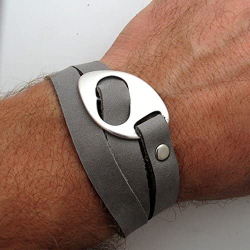 Men's Gray Leather Wrap Bracelet - Unisex Adjustable ID Bracelet - Personalized Engraved Jewelry Gift for Him - Perfect for Casual Wear, Date Nights & Gifts
