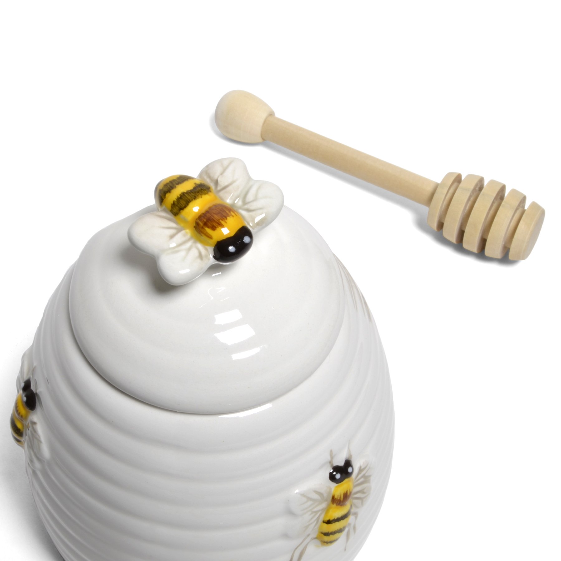 Mary Lake-Thompson Ceramic Beehive Honey Pot with Dipper - Elegant Honey Storage Jar with Wooden Dipper for Tea, Coffee & Breakfast - Perfect for Kitchen, Dining Table & Gift Giving