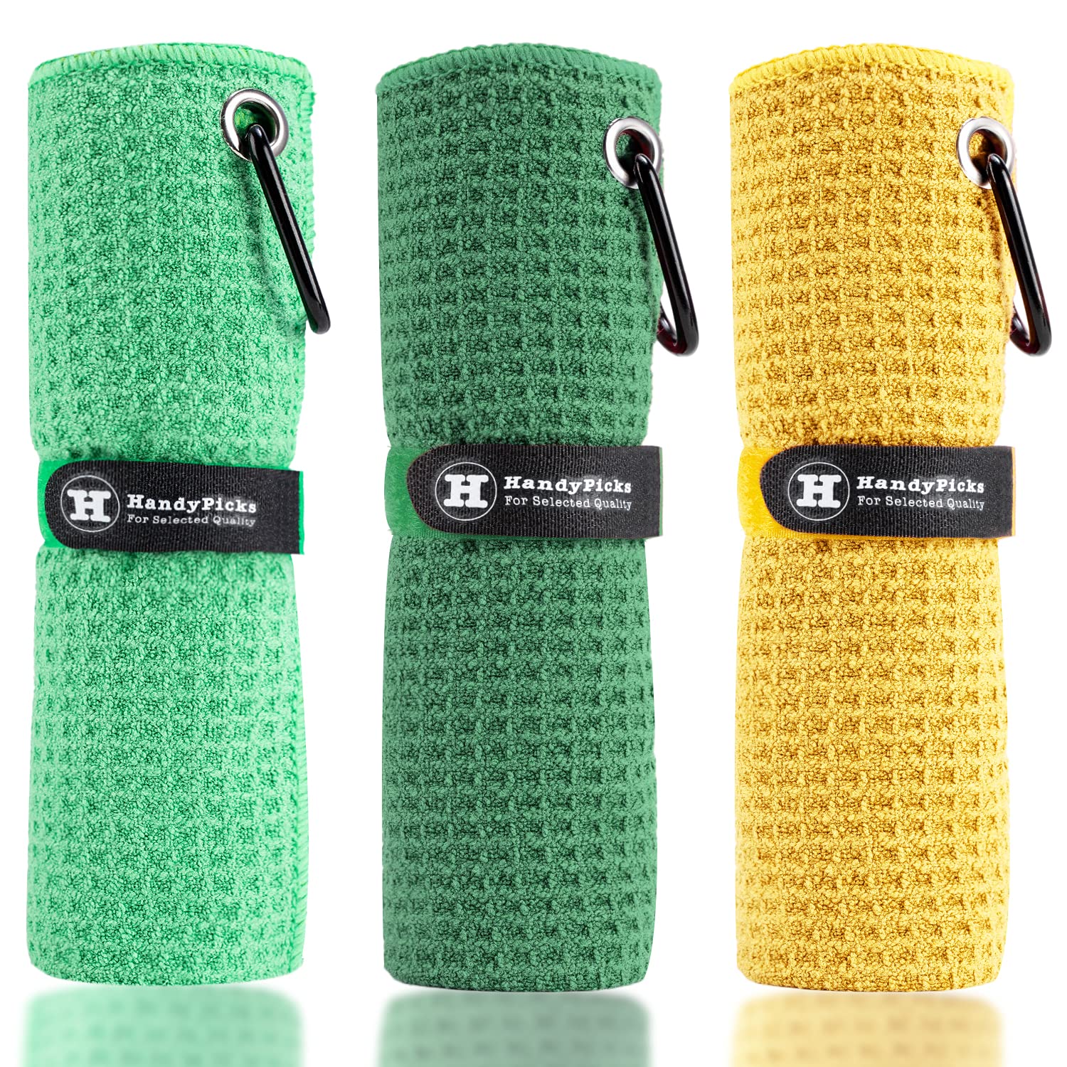 Microfiber Golf Towel 16x16 Inch with Carabiner Clip & Waffle Pattern | Quick-Dry Sports Towel for Golf, Gym & Outdoor Activities | Hook & Loop Fastener | Green/Dark Green/Yellow