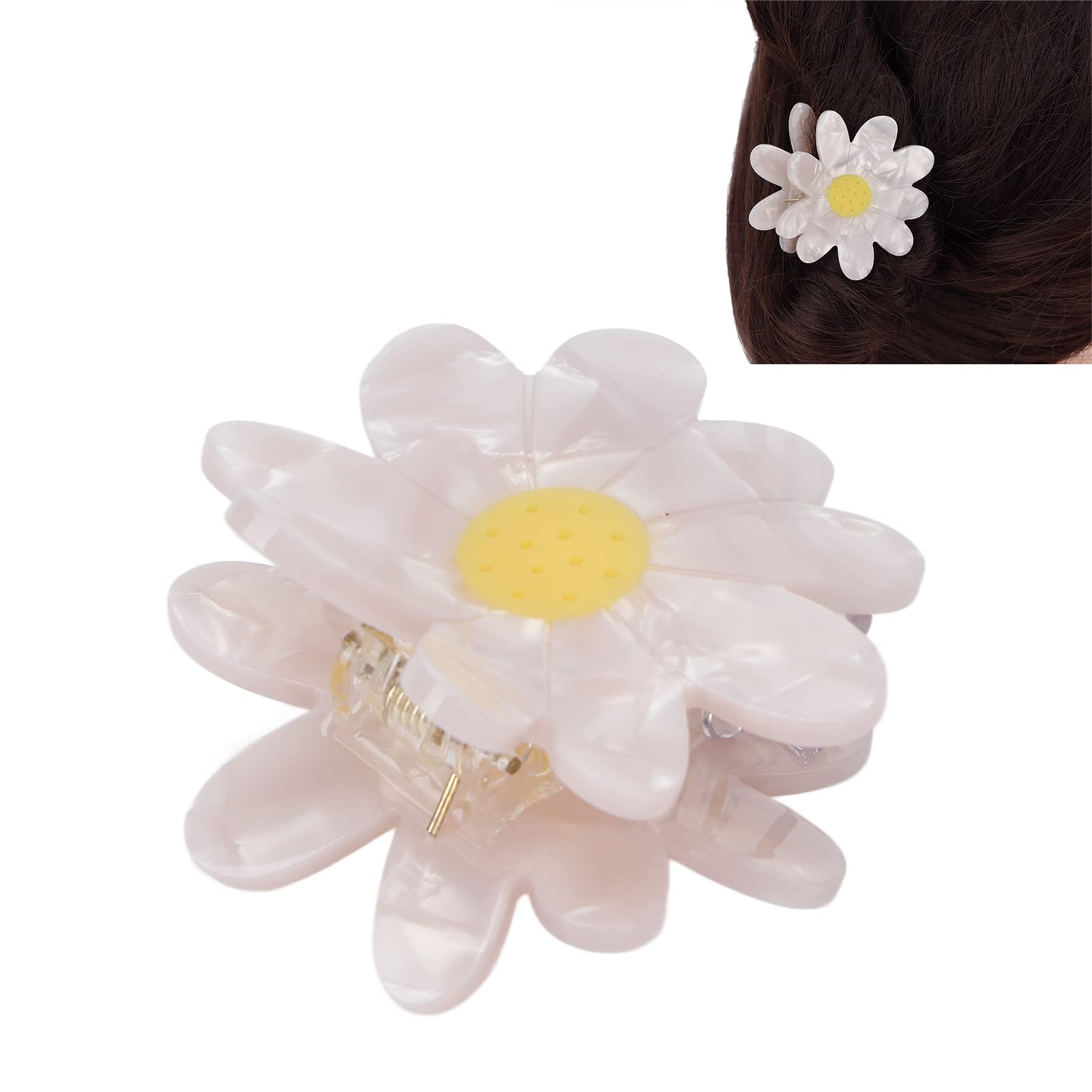 Strong Grip Flower Hair Claw Clip with Clenched Teeth - Anti-Slip Hair Clips for Women, White Daisy Design - Perfect for Daily Use, Workouts & Updos