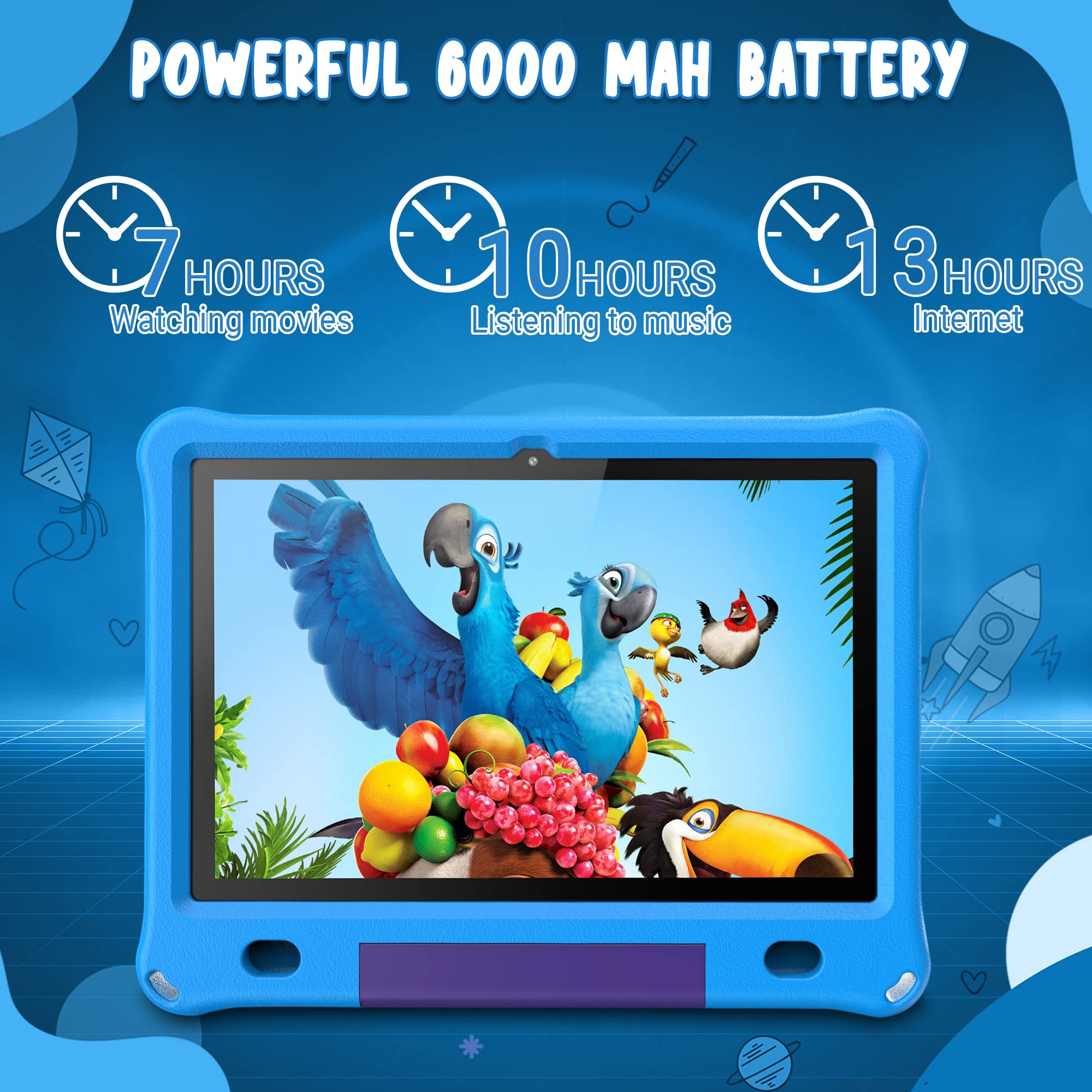 CosmoToys Kids Tablet with Parental Control - 7 Inch Android 12 Tablet for Children | Includes Car Storage Cover & Tablet Holder | 6000mAh Battery | Blue | Perfect for Travel, Learning & Entertainment