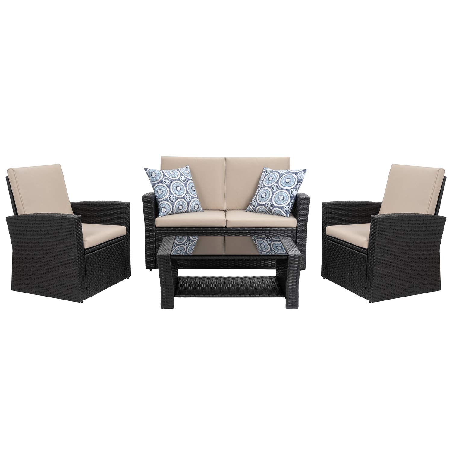 Shintenchi 4-Piece Outdoor Patio Furniture Set - All-Weather Wicker Rattan Sectional Sofa with Tempered Glass Coffee Table | Black | Perfect for Backyard, Garden, Poolside & Patio Relaxation