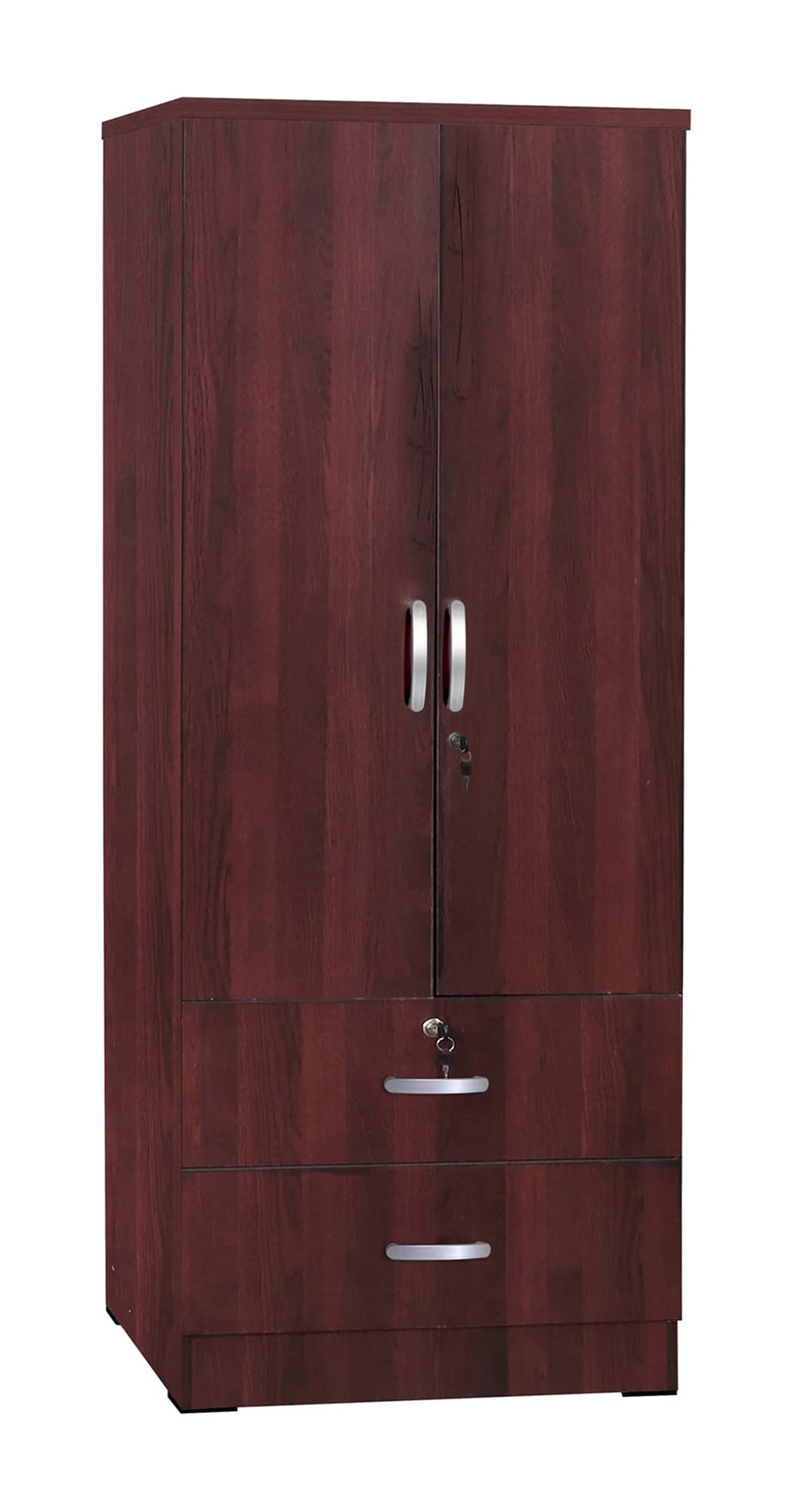 Better Home Products Grace Wood 2-Door Wardrobe Armoire with 2 Drawers - Solid Mahogany Wood Closet Organizer for Bedroom, Living Room & Guest Room Storage