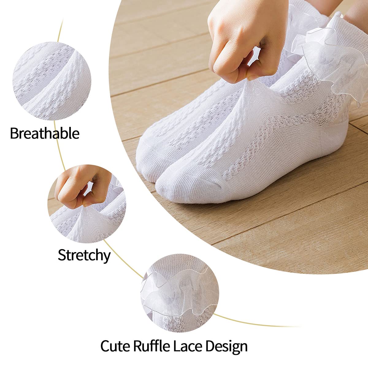 5 Pairs Girls Lace Ruffle Cotton Ankle Socks - Frilly White Princess Socks for Toddler & Kids - Perfect for Dance, Dress Up & Special Occasions