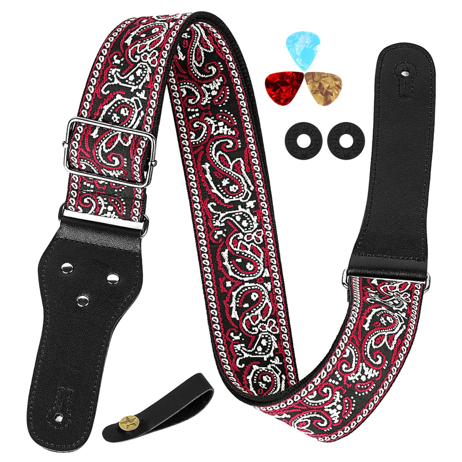 Premium Musiin Guitar Strap - Classic Pattern Adjustable Strap for Bass, Electric & Acoustic Guitars (Black & Red) | Comfortable & Durable for Live Performances, Studio Sessions & Practice