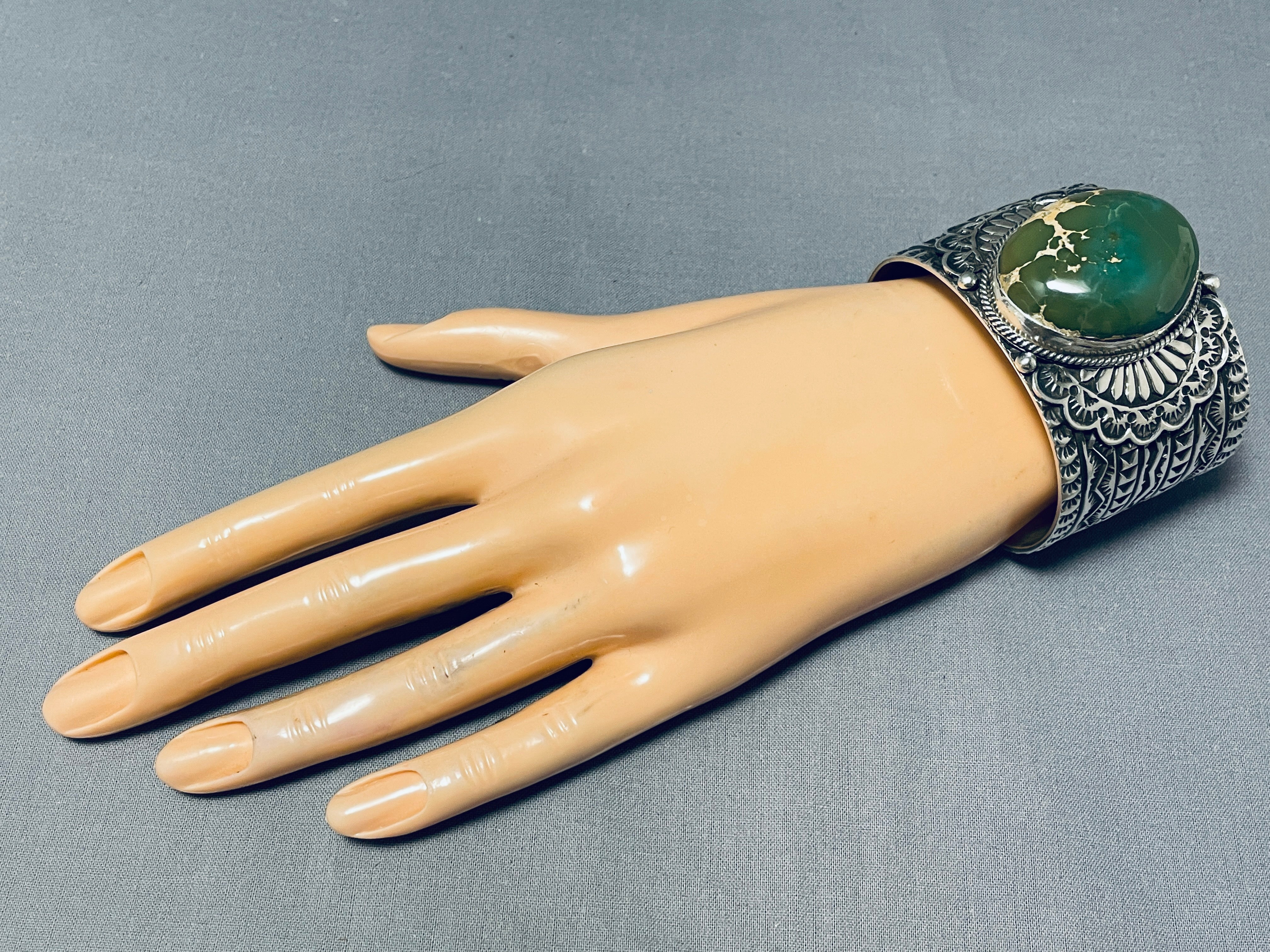124 Gram Monster Men's Navajo Sterling Silver Bracelet with Green Turquoise - Handcrafted Native American Jewelry for Gifts, Fashion & Ceremonial Wear