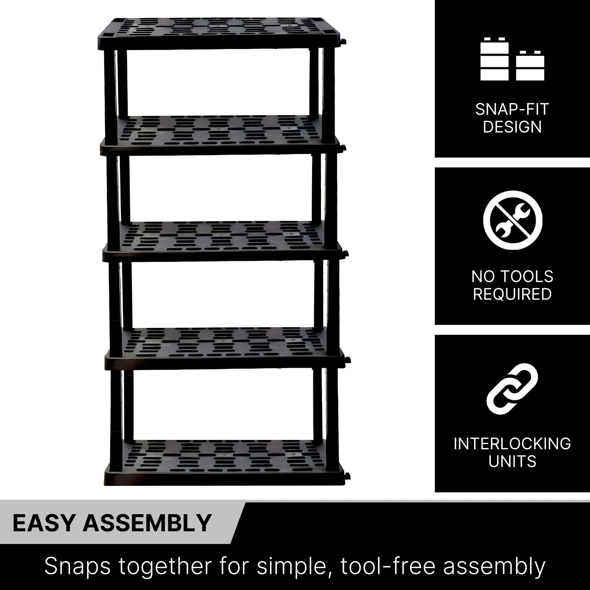 5-Tier Heavy Duty Plastic Storage Shelf - Garage Shelving Unit with Durable Rack & Organizer for Shed, Basement, Closet - Perfect for Home, Office & Workshop Organization (Black)