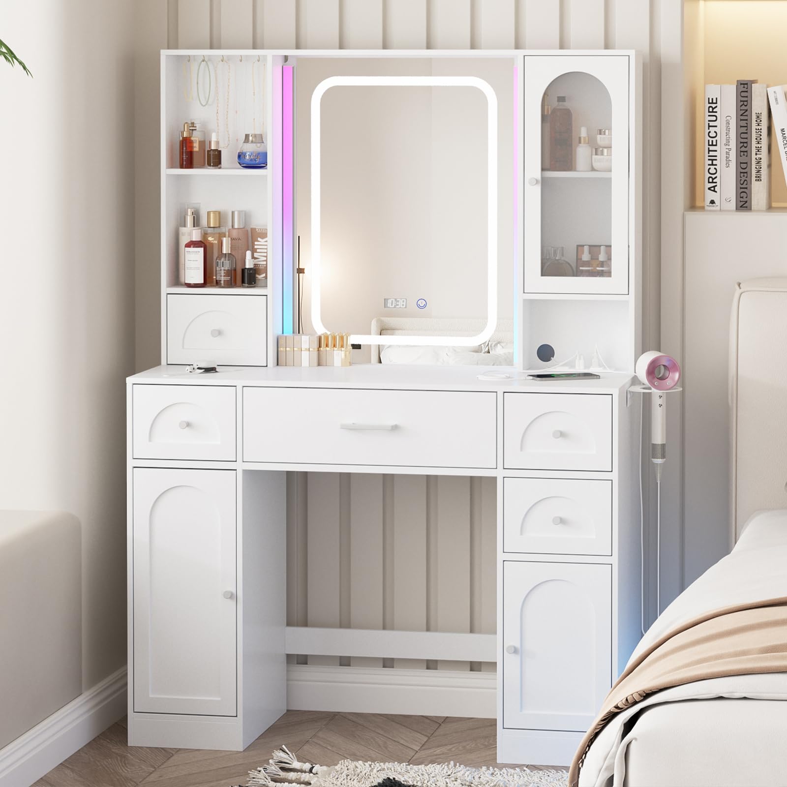 Fameill White Vanity Desk with LED Mirror & 5 Drawers - Makeup Table with RGB Lights & Storage for Bedroom