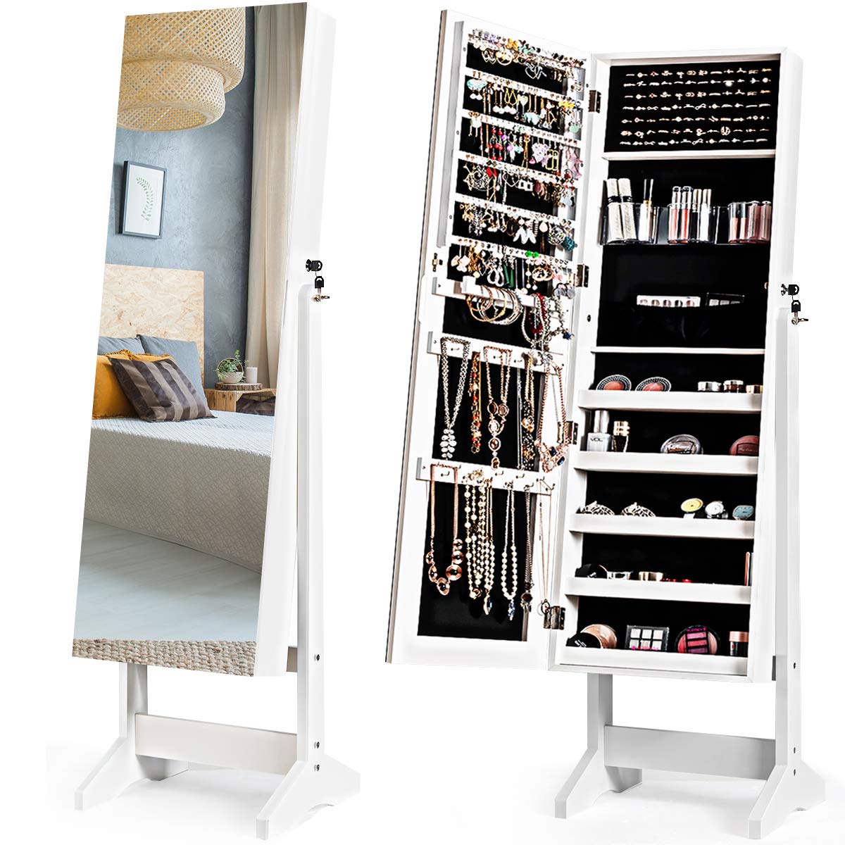 Charmaid Jewelry Armoire Cabinet with Frameless Full-Length Mirror - Lockable Standing Wooden Jewelry Organizer Storage Box with Large Capacity & 4 Adjustable Angel Hooks (White) | Perfect for Bedroom, Closet Organization & Jewelry Display