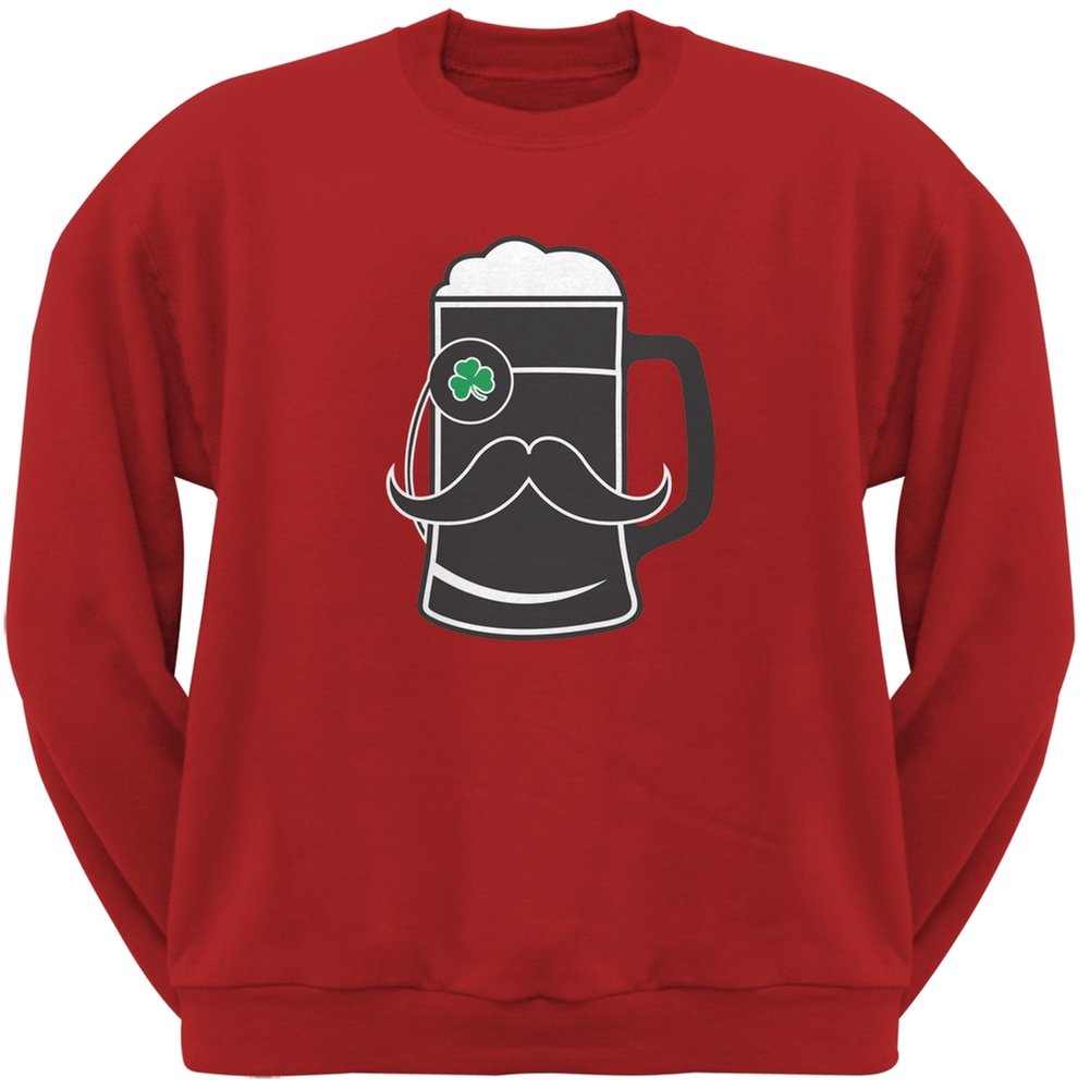 St. Patrick's Day Beer Mug Mustache Red Adult Crewneck Sweatshirt - Fun Irish Pub Crawl & Party Outfit for Men & Women