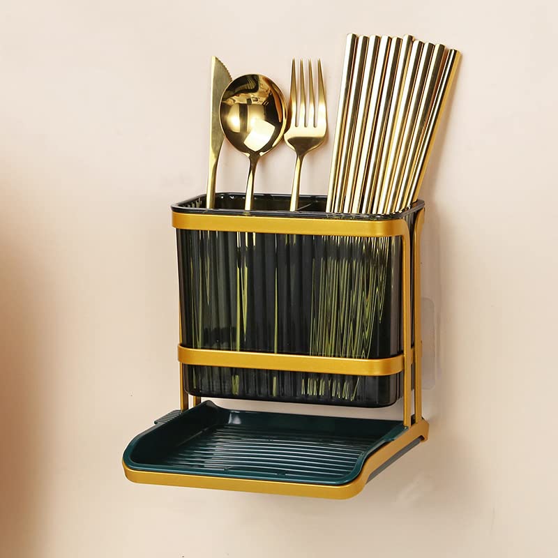 Wall Mount Chopstick Holder with Drain Tray - Kitchen Utensil Organizer for Chopsticks, Forks, Spoons & Knives - Space Saving Cutlery Storage for Countertop, Sink or Dining Table - Perfect for Asian Cuisine, Restaurants & Home Kitchen Organization