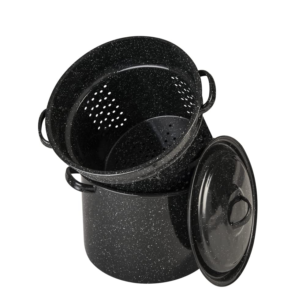 Granite Ware 7.5 Qt 3-Piece Multi-Use Pasta Pot Set with Strainer & Lid - Speckled Black - Large Capacity Cookware for Seafood, Soups, Sauces - Dishwasher Safe & Easy to Clean - Perfect for Family Dinners, Meal Prep & Entertaining