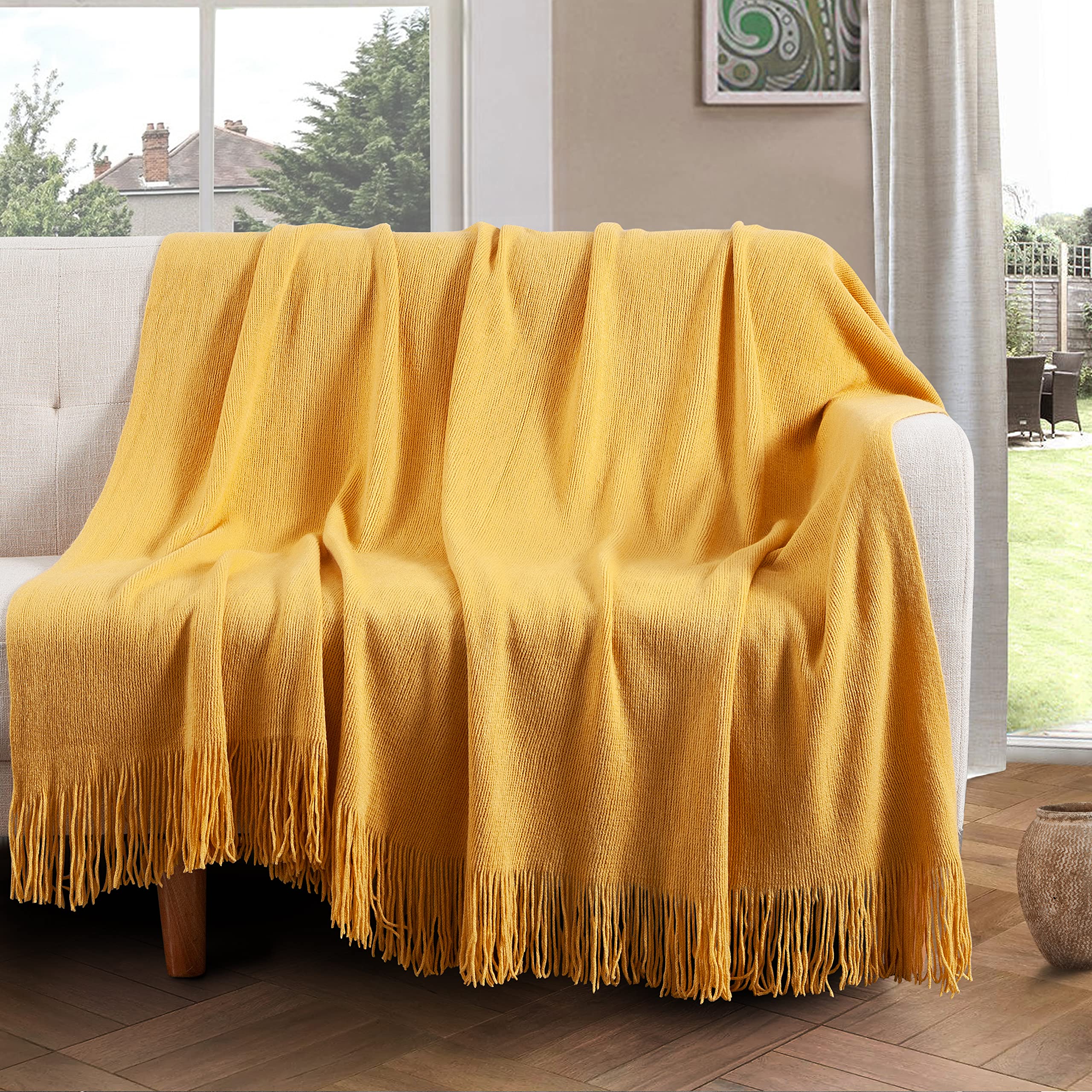 Vonty Mustard Yellow Knitted Blanket with Tassels Fringe - 50x60 Inch Super Soft Knit Throw Blanket - Farmhouse Decorative Lightweight Blanket for Couch, Sofa, Bed - Perfect for Cozy Evenings, Home Decor & Gift Giving