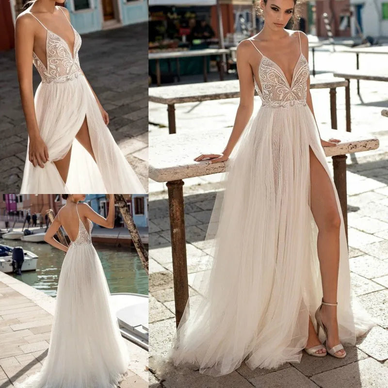 2024 Boho Beach Tulle Wedding Dress with Side Split & Pearl Backless Design - Perfect for Beach Weddings, Boho Bridal Gowns & Destination Elopements