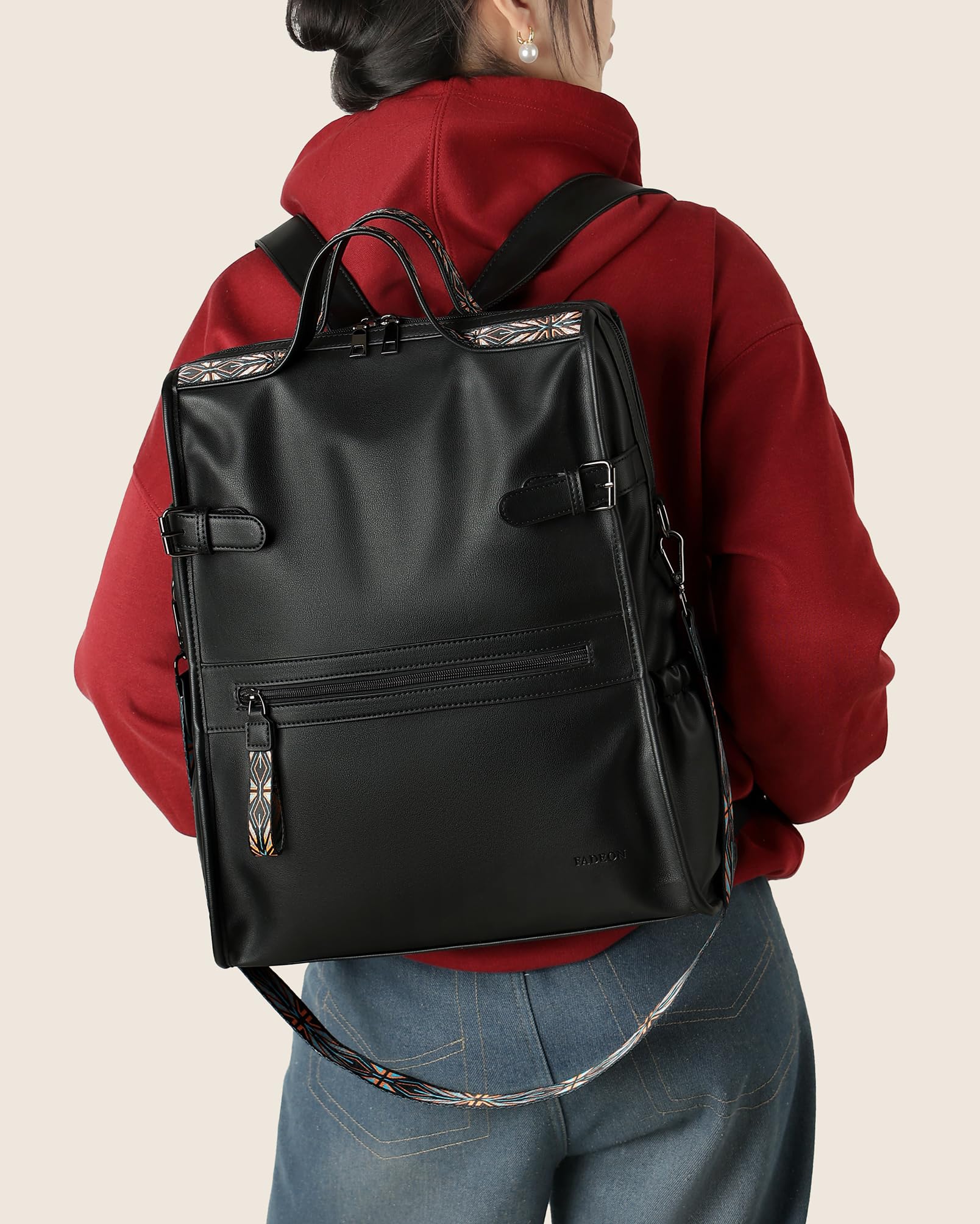 FADEON Women's Leather Laptop Backpack - Stylish Work & Travel Computer Bag with Dedicated Laptop Compartment & Purse Organizer (Black) - Perfect for Business Trips, Commuting & College