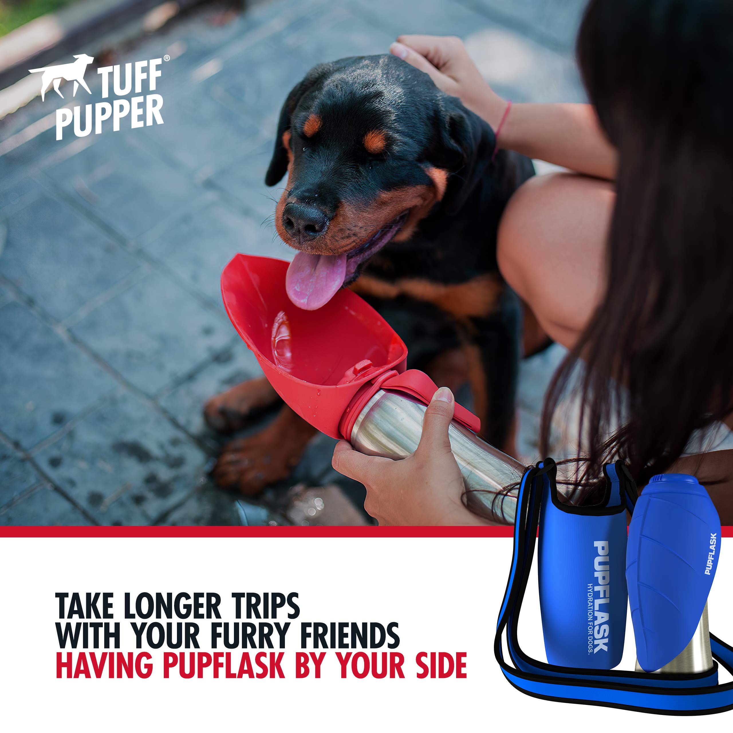 Tuff Pupper Dog Water Bottle Holder with PupFlask - 27oz Portable Pet Water Bottle for Hiking, Walking & Outdoor Adventures - Blue