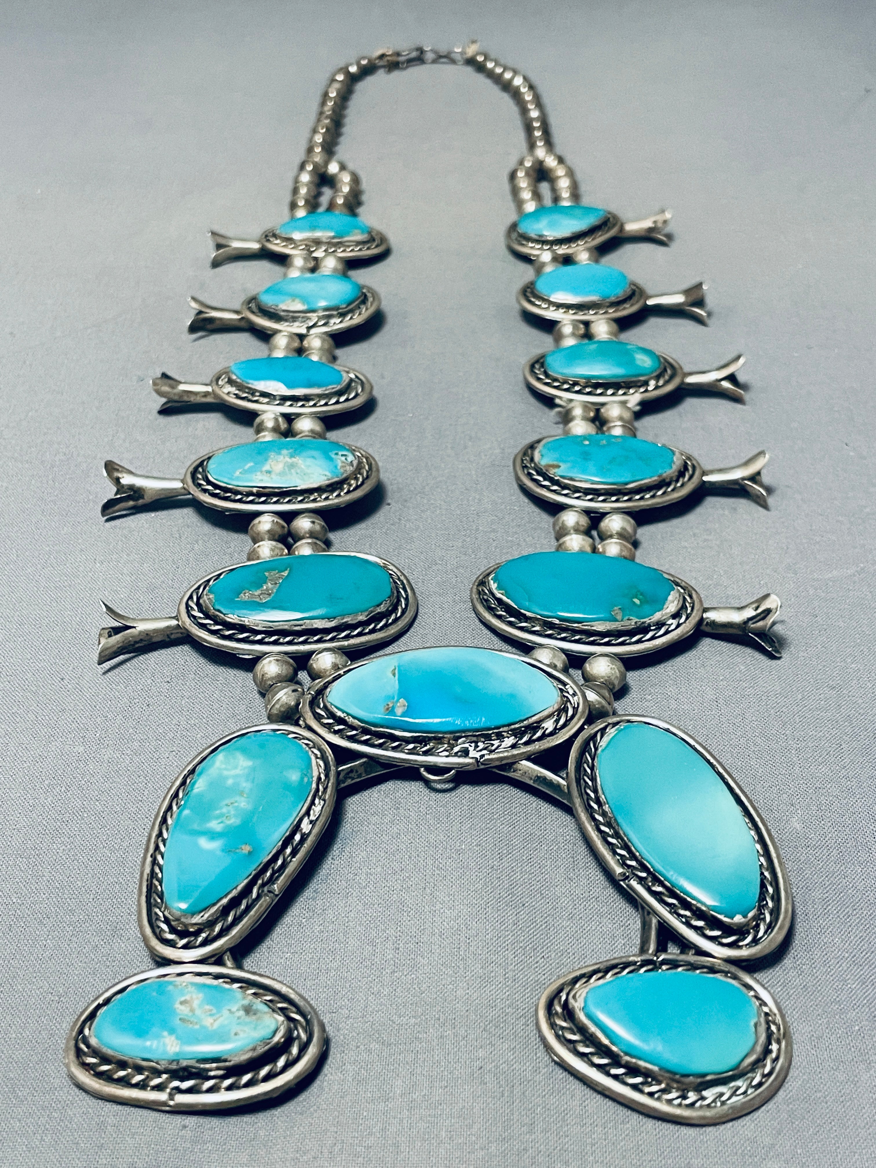 Authentic Vintage Navajo Turquoise Sterling Silver Squash Blossom Necklace - 262g Handmade Native American Jewelry for Boho, Western & Festival Fashion