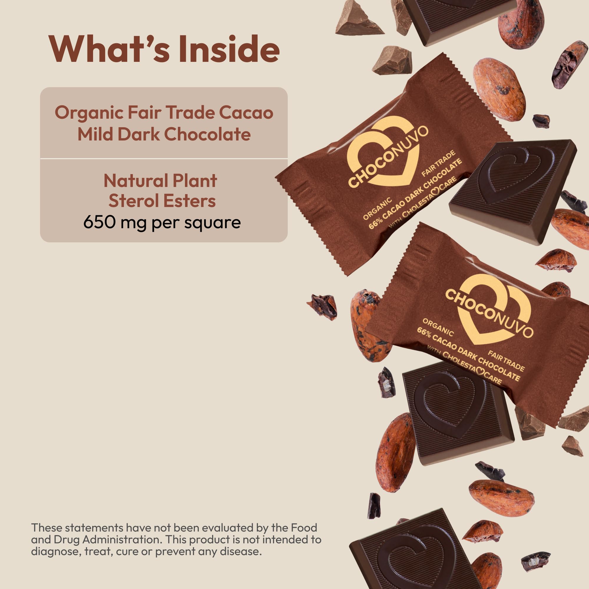 Organic Fair Trade Mild Dark Chocolate 66% Cacao - ANDREW LESSMAN ChocoNuvo 120 Pieces with Beneficial Plant Sterols for Healthy Cholesterol Balance | Low Fat, Low Sugar 26 Calorie Squares | Perfect for Healthy Snacking, Gifts & Heart-Healthy Diets